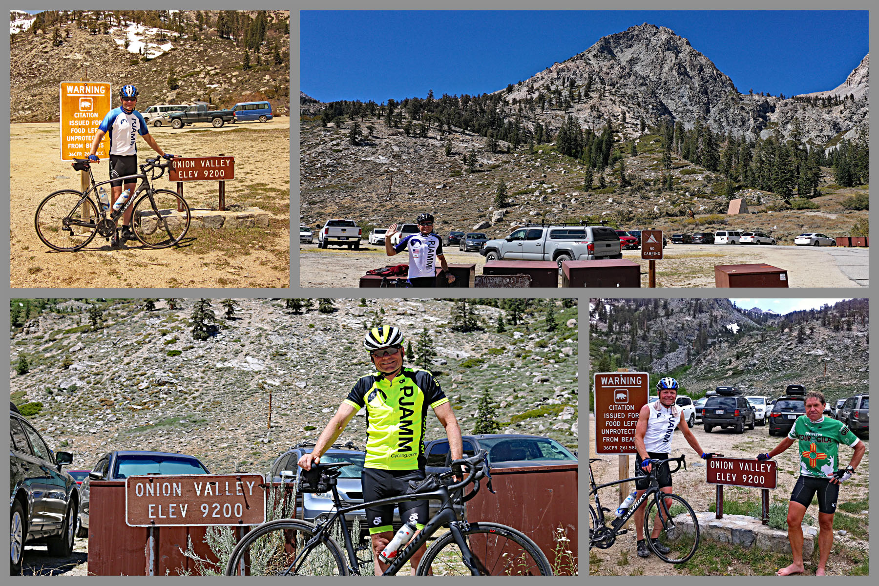 Cyclist at Onion Valley Road Elevation 9200 sign