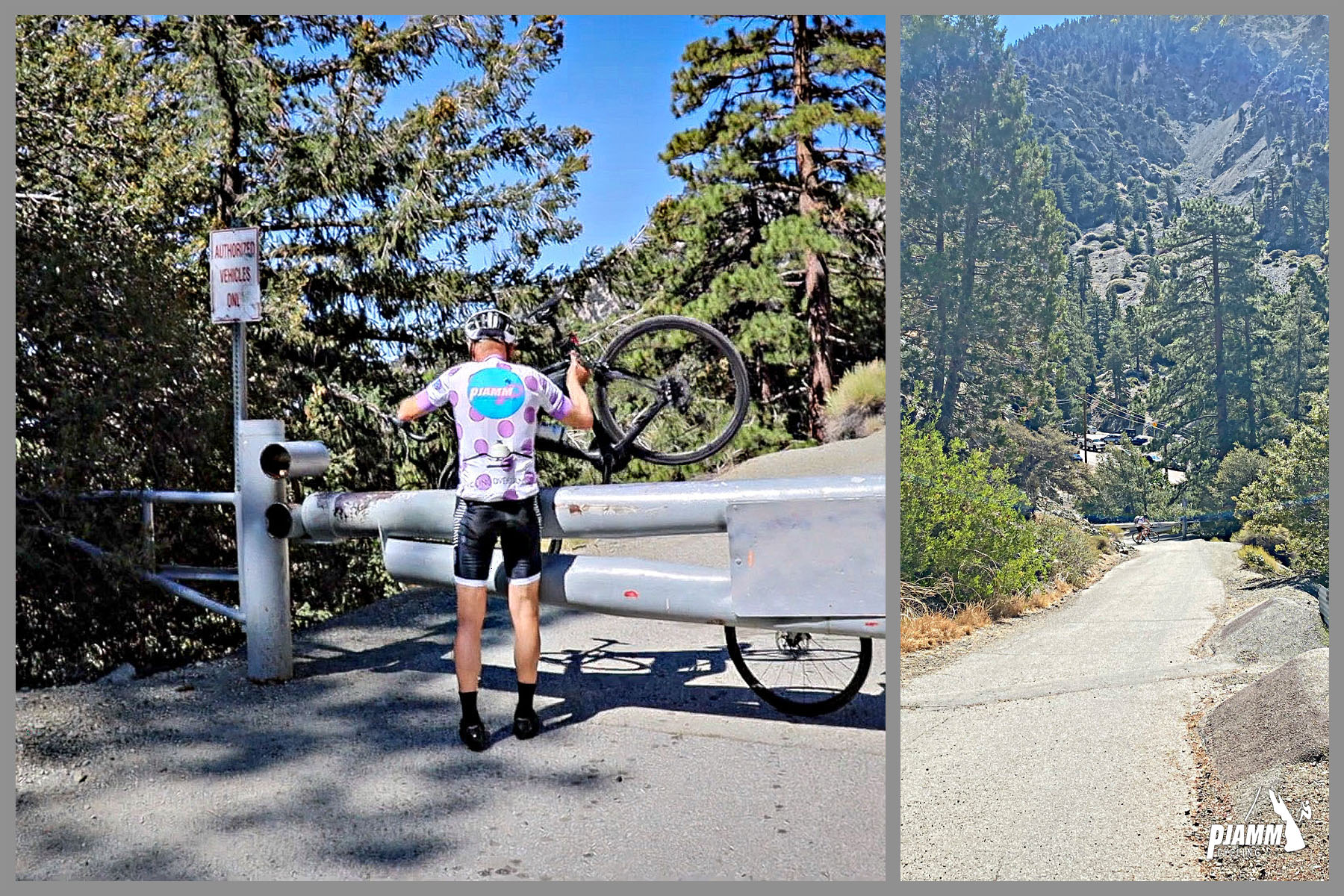 Cyclist hoists bike over a closed gate at mile 12.8 to continue riding on road that is closed to automobile traffic