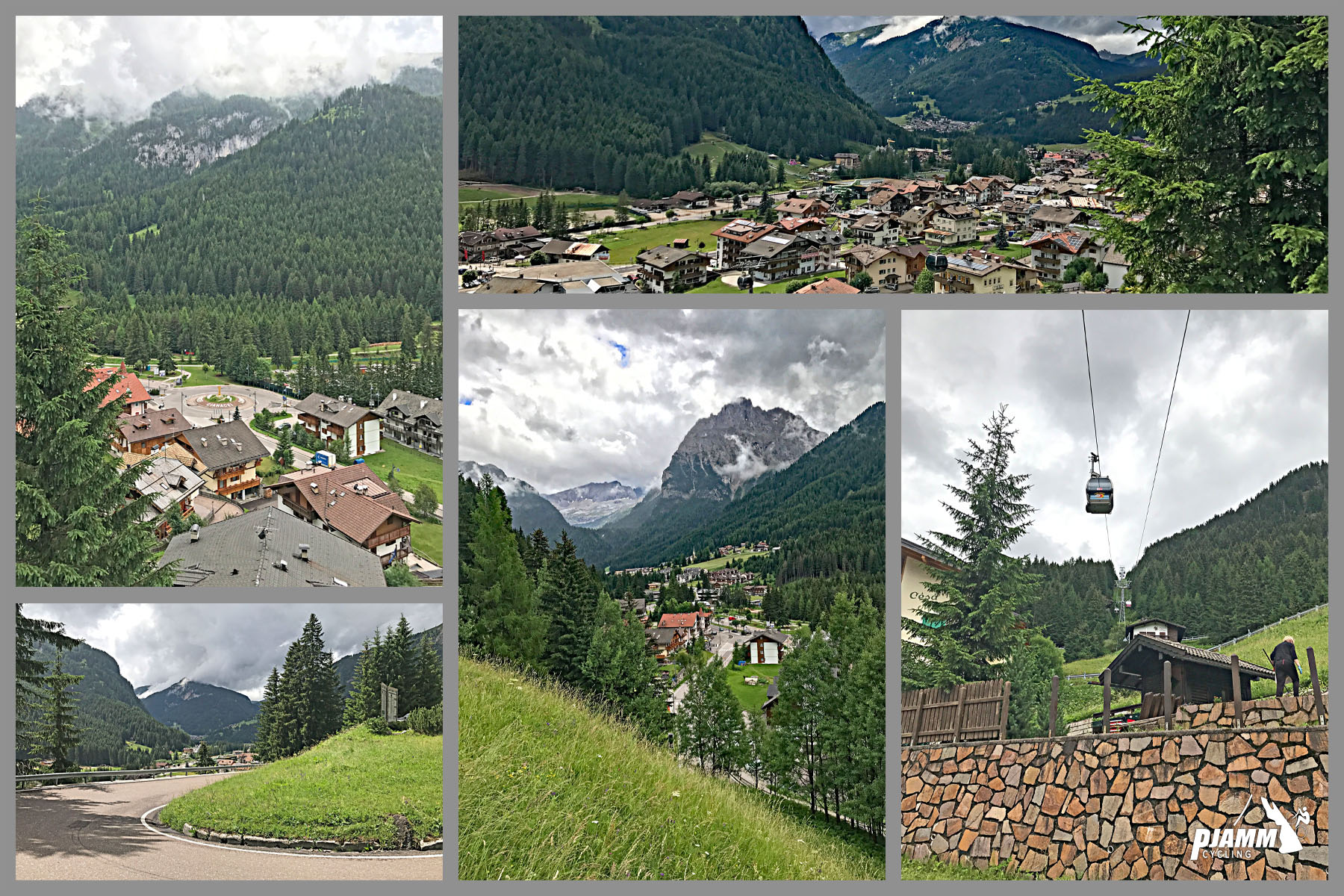 Cycling Passo Pordoi from Canazei - views leaving the village of Canazei, including a gondola going up the mountainside