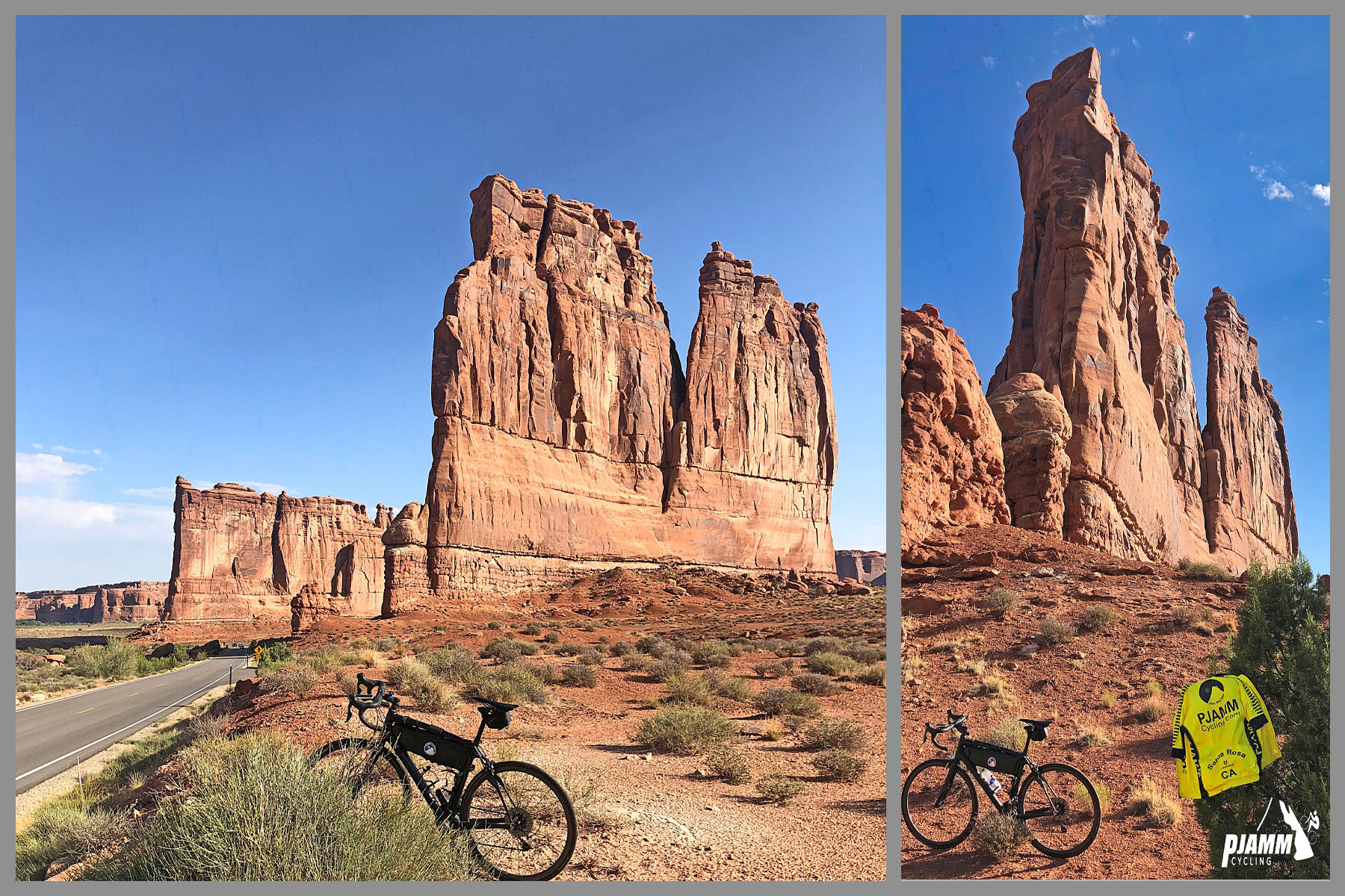 Cycling Arches National Park, Utah - PJAMM Cycling logo in corner, bike parked along roadside in front of rock formations The Organ and the Tower of Babel