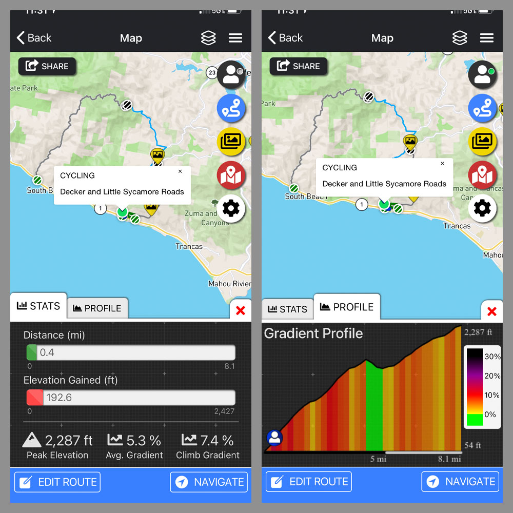 Cycling decker Road to Yerba Buena high point - PJAMM Adventure app shows climb grade and profile
