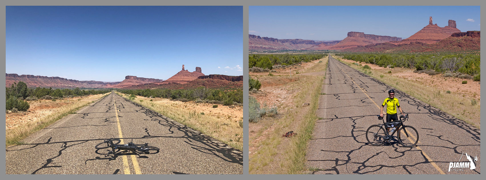 Cycling La Sal Loop Road at Castle Valley - PJAMM Cycling logo in corner, bike parked in center of two-lane roadway looking back toward Castleton Tower and The Rectory