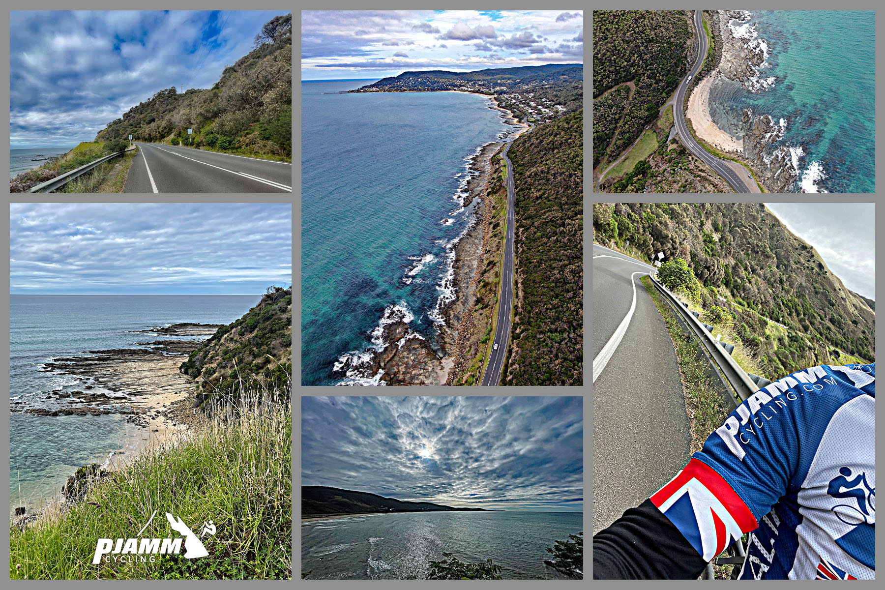 photo collage includes aerial drone view of coastline, beautiful stretches of roadway and sea grass along coast