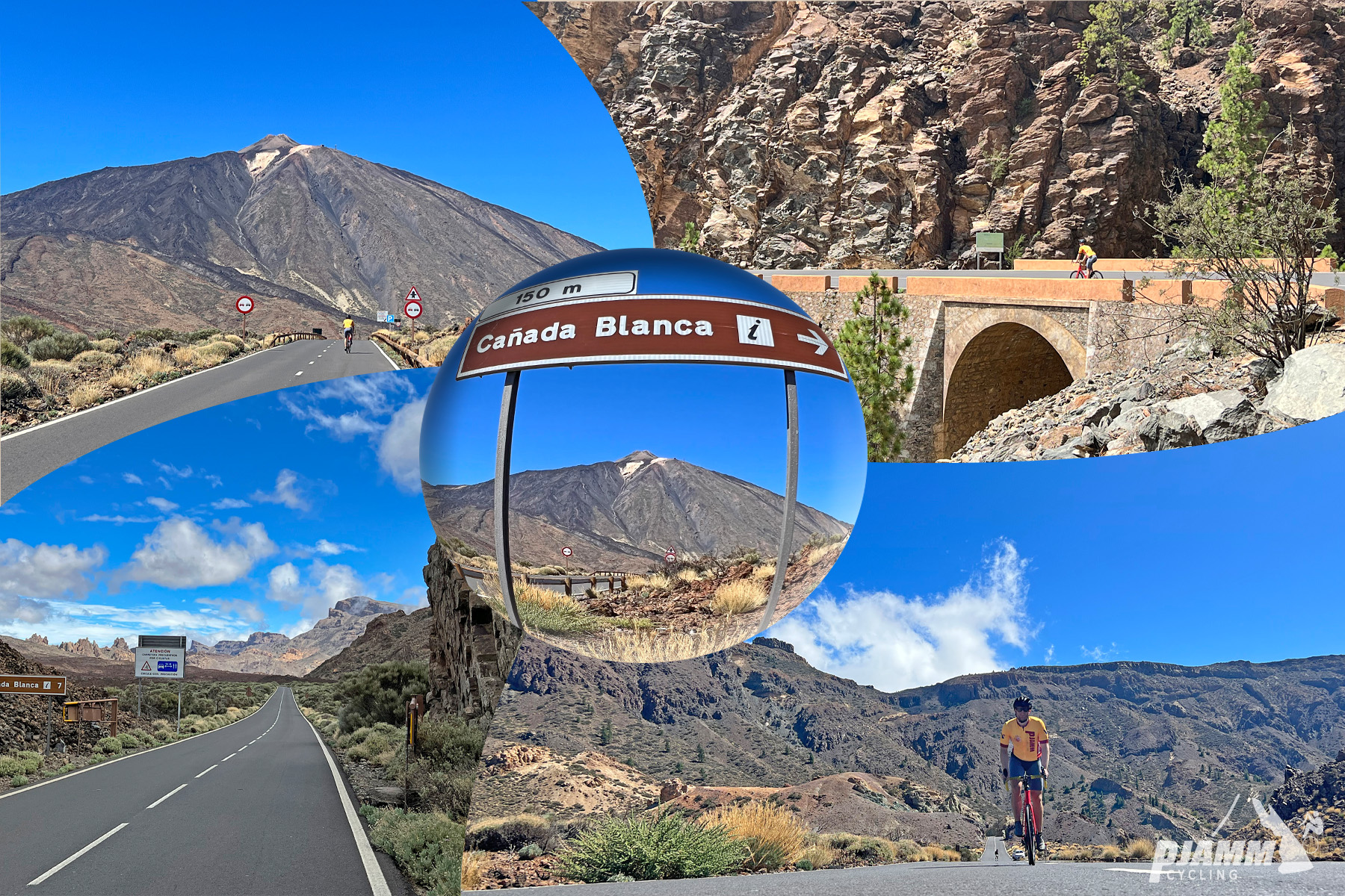 PJAMM Cyclists ride on two-lane highway roadway, Mt. Teide in background, sign for Canada Blanca