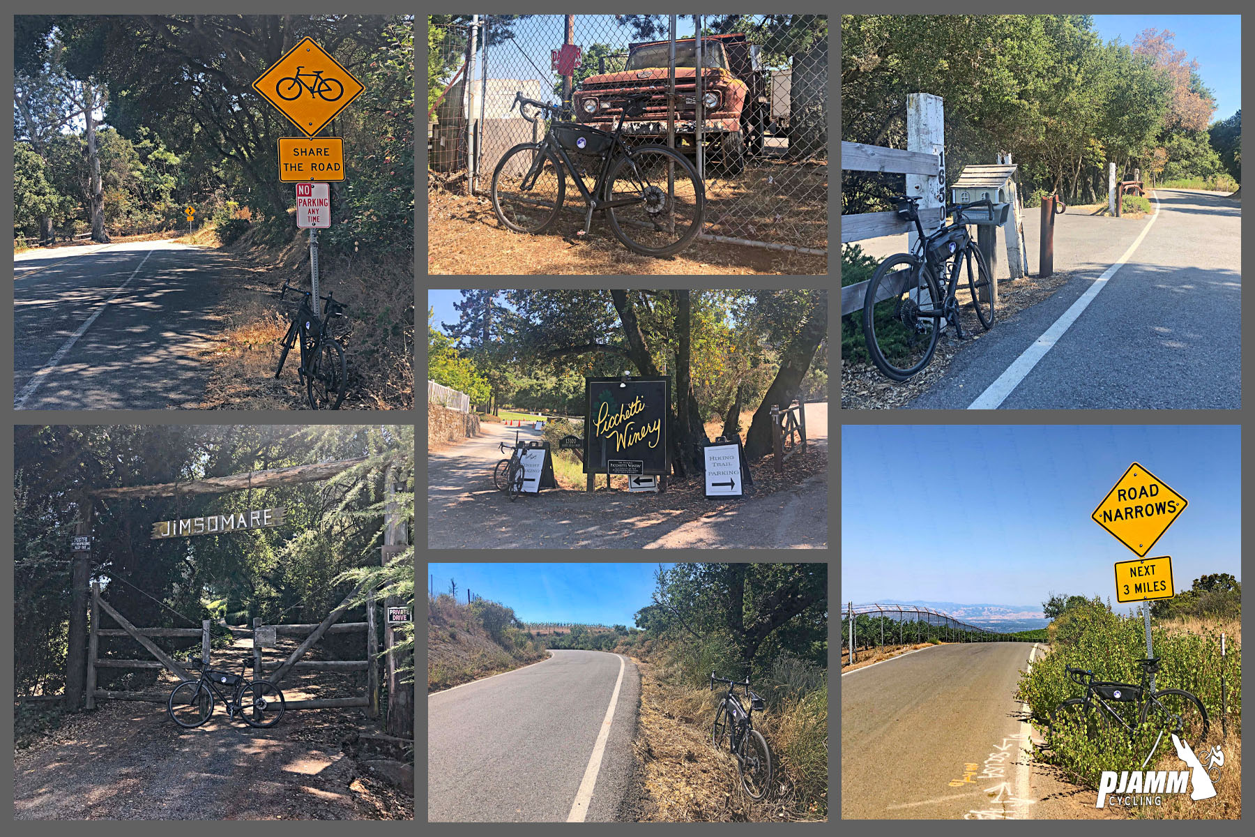 Cycling Montebello, Santa Cruz Mountains, California - photo collage, PJAMM Cycling logo in corner, bike parked in front of: Share the Road road sign, fence in front of old rusted farm truck, white fence along roadside, gate in front of sign that says JIMSOMARE, Pichetti Winery, Road Narrows road sign, and along side of curved stretch of road