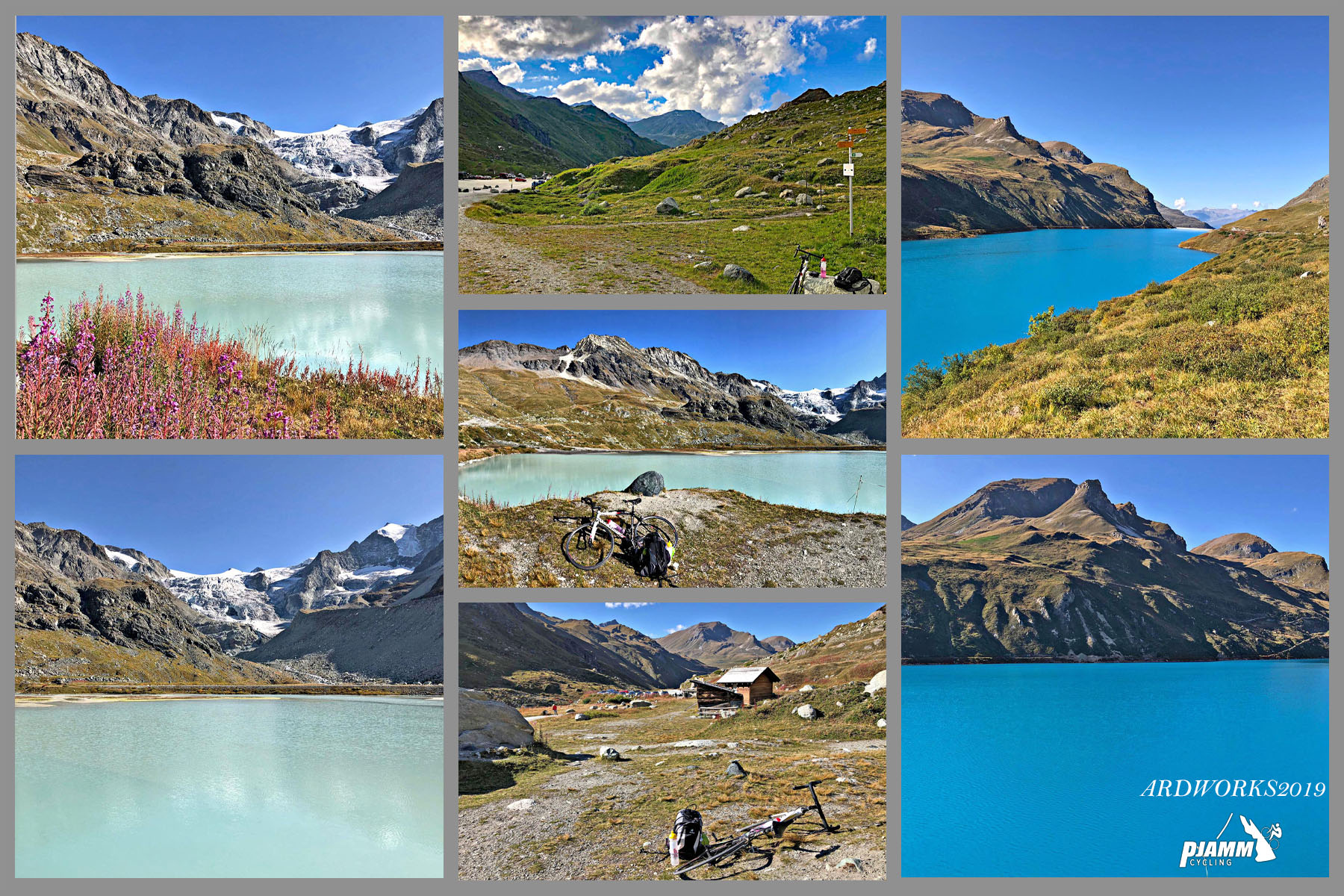 Cycling Glacier de Moiry, Switzerland  - photo collage, views of Glacier de Moiry, bike parked in field, PJAMM Cycling logo in corner