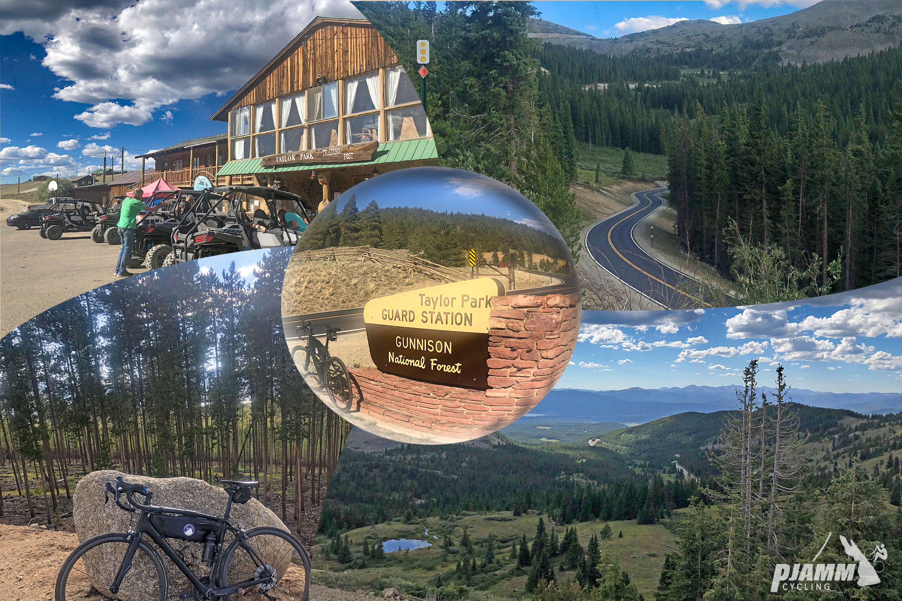Cycling Cottonwood Pass, Tayler Camp, Colorado - photo collage, PJAMM Cycling logo in corner, bike parked at sign for Taylor Park Guard Station Gunnison National Forest, parking lot at Tayler Camp, bike leaning against large grey stone in front of trees, aerial view looking down hillside, two-lane newly paved roadway winding through trees