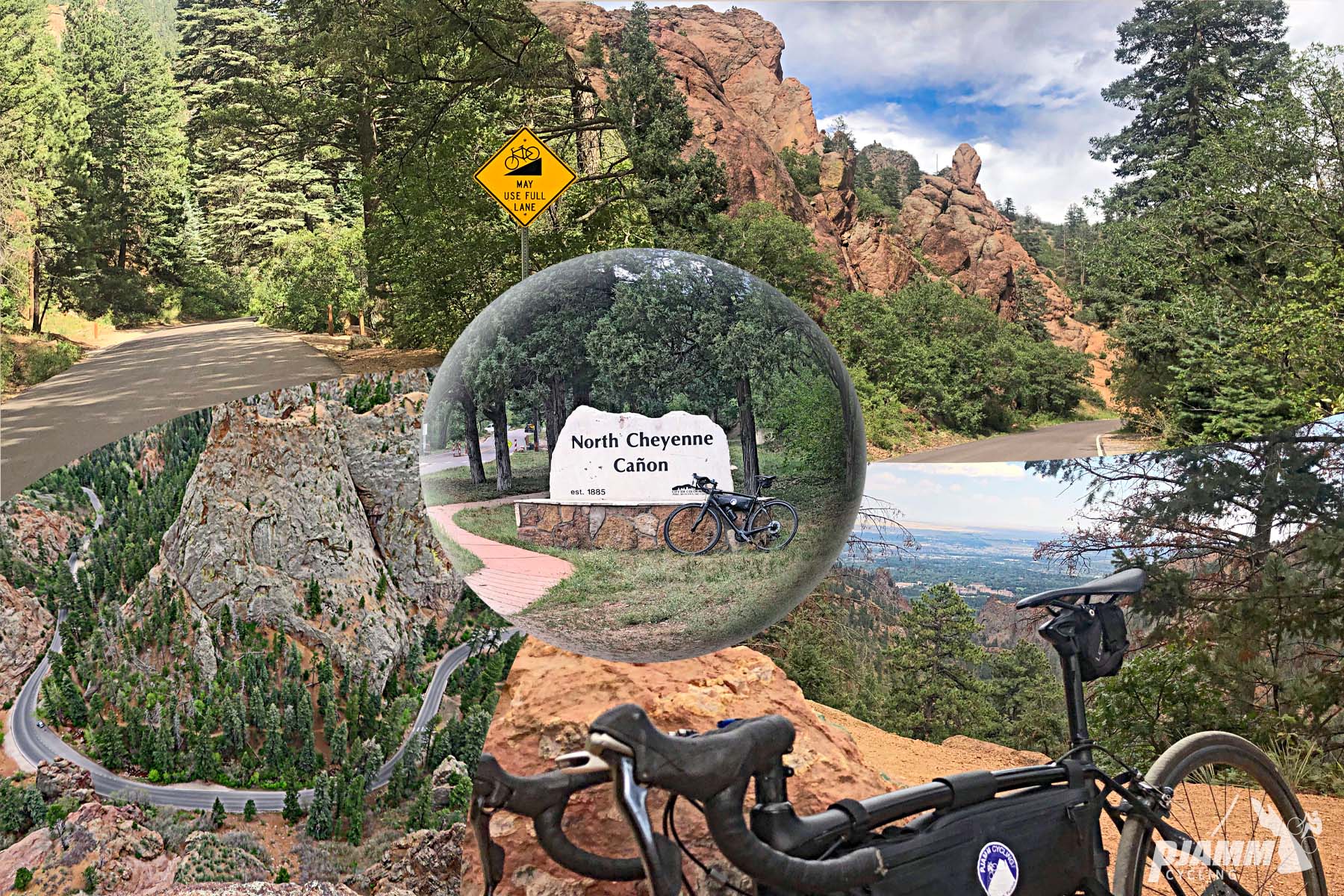 Cycling North Cheyenne Cañon, Colorado Springs Cycling North Cheyenne Cañon, Colorado Springs - photo collage, PJAMM Cycling logo in corner, one lane road surrounded by thick forestation with sign stating that bikes may use full lane, bike parked next to stone sign for North Cheyenne Cañon, aerial view looking down over u-shaped curve in roadway next to tall rock outcropping, bike leaned against red dirt/rock area overlooking distant views below