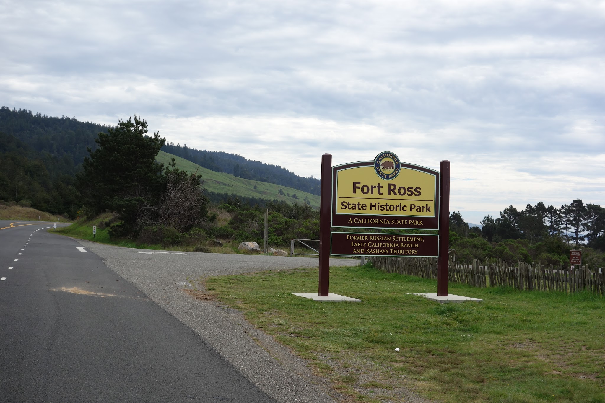 Bike climb Fort Ross Road - Fort Ross sign on Hwy 1