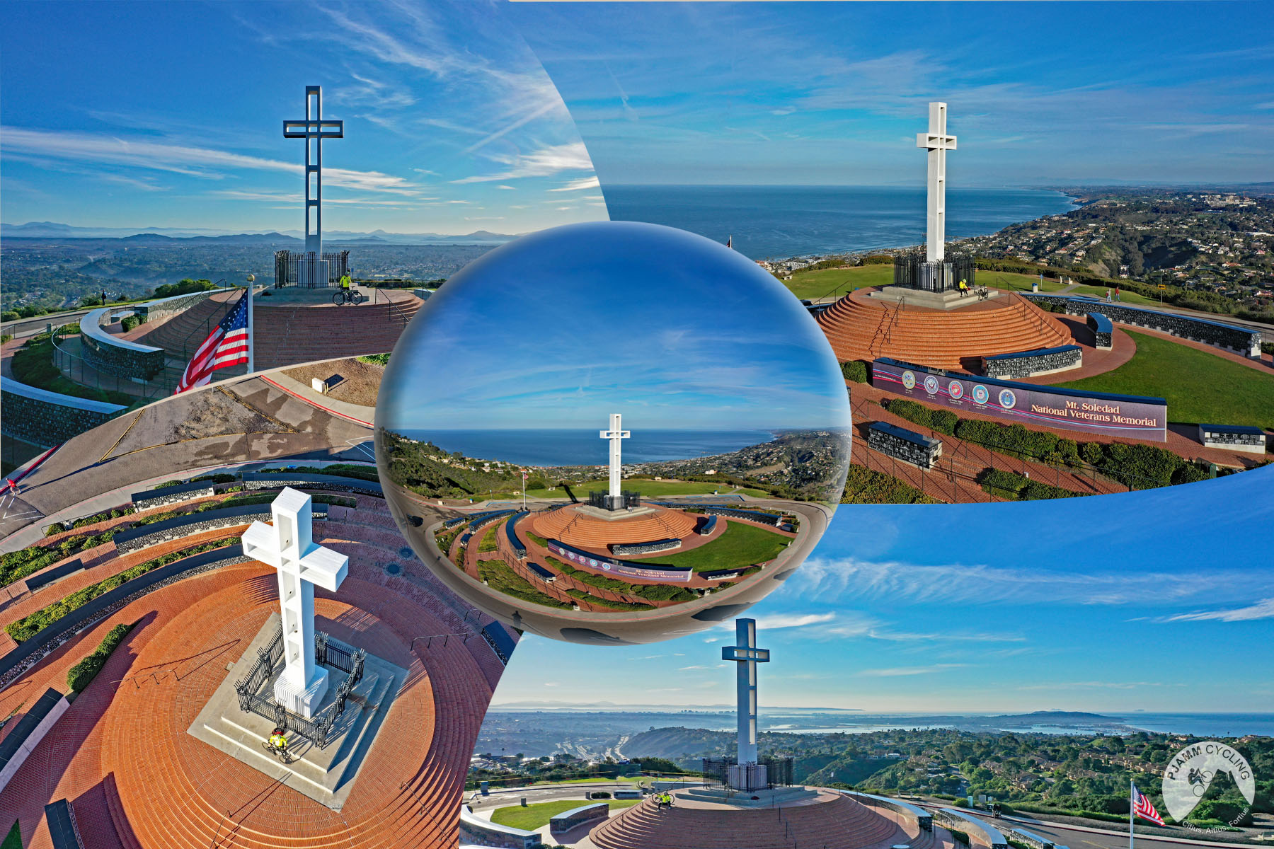 Cycling Southern California - Mt. Soledad, photo collage, PJAMM Cycling logo in corner, Veterans Memorial atop Mt. Soledad