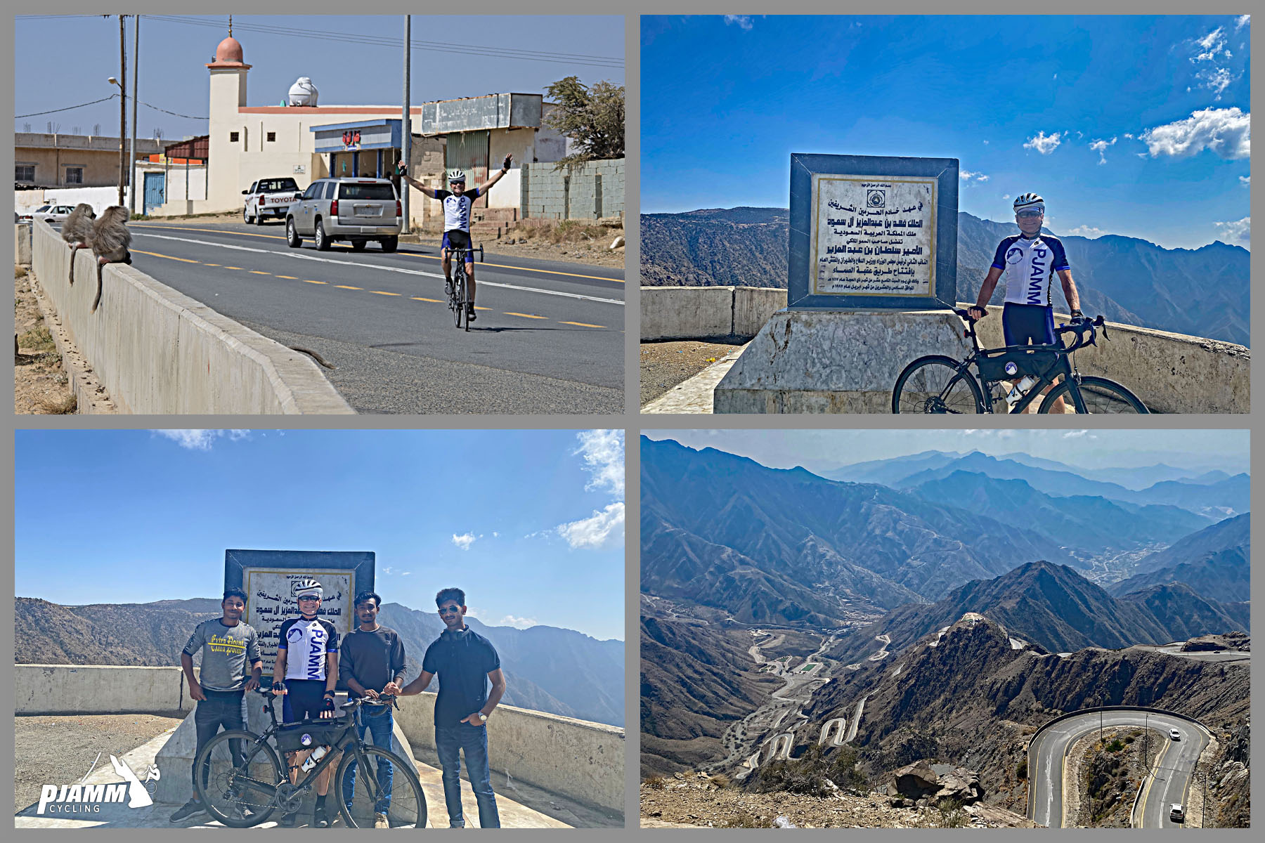 Cycling Mount Souda, Saudi Arabia - photo collage at finish of climb, PJAMM Cyclist John Johnson finishes climb with hands in the air, riding next to multiple baboons perched on guardrail watching him, John stands next to plaque at top with Saudi men, views of hairpin turns looking down