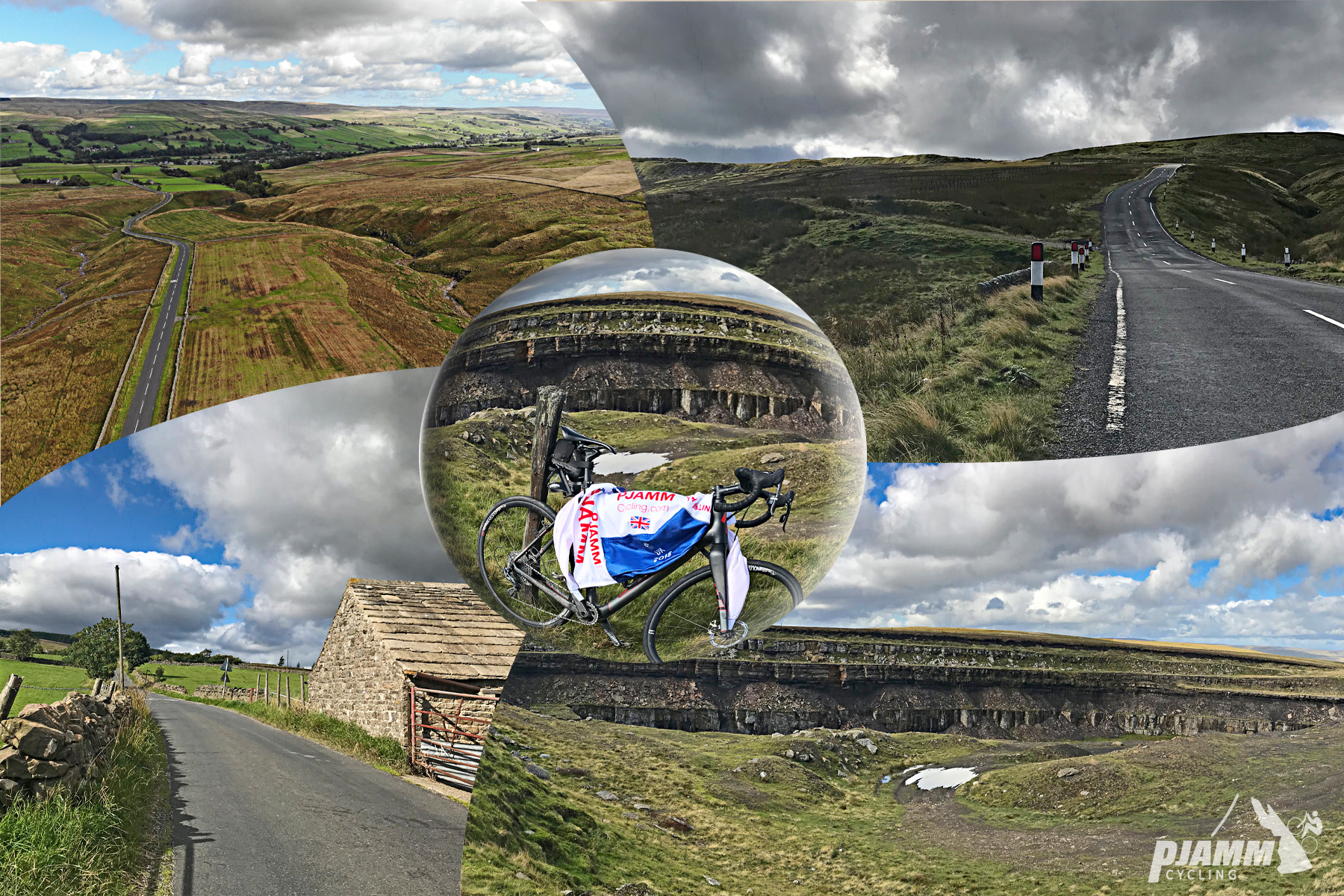 Cycling Chapel Fell - aerial view of road traveling through pastureland, bike parked against fence post with PJAMM Cycling jersey draped across it, one lane road with stone house alongside it, PJAMM Cycling logo in corner
