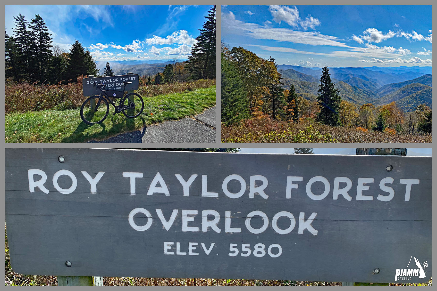 Cycling Richland Balsam, Blue Ridge Parkway - photo collage, BRP scenic overlook sign reads "Roy Taylor Forest Overlook," bike parked on pathway against overlook sign, bright blue sky, mountain views, fall foliage