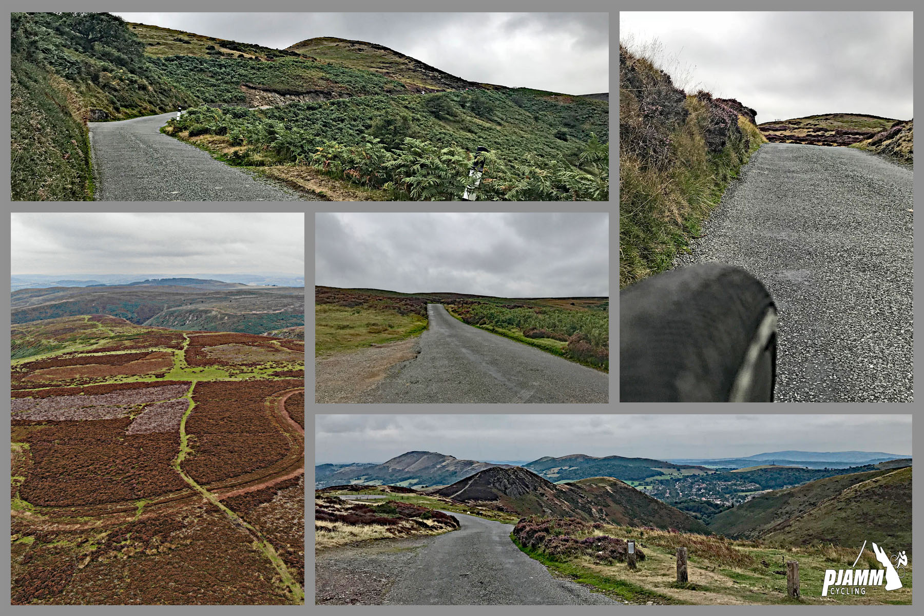 The Burway Cycling The Burway - one lane country road winding along hillside, grey skies and green and brown pastureland seen from above