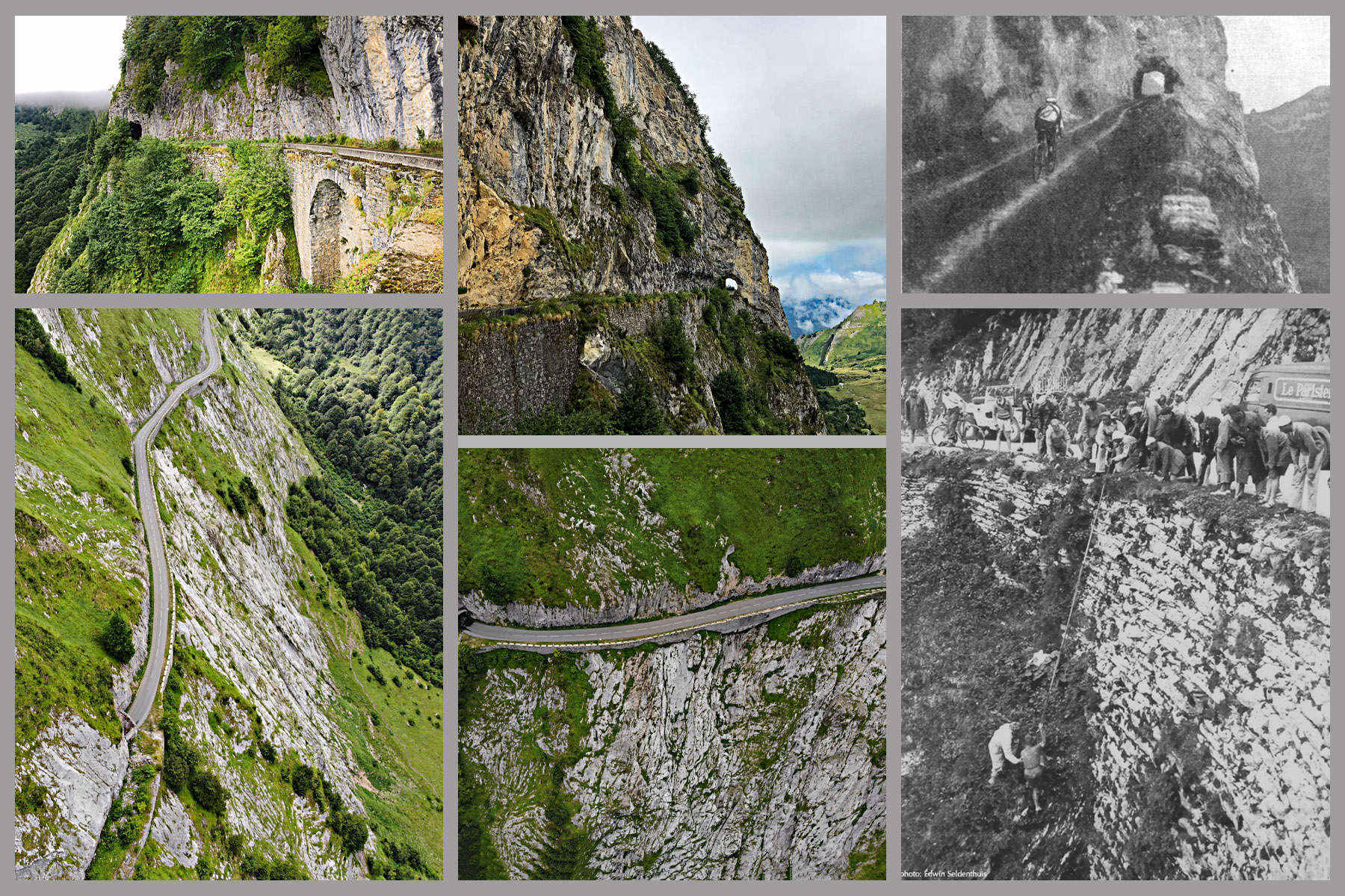Cycling Col d'Aubisque - road carved along side of mountain, French Pyrenees 