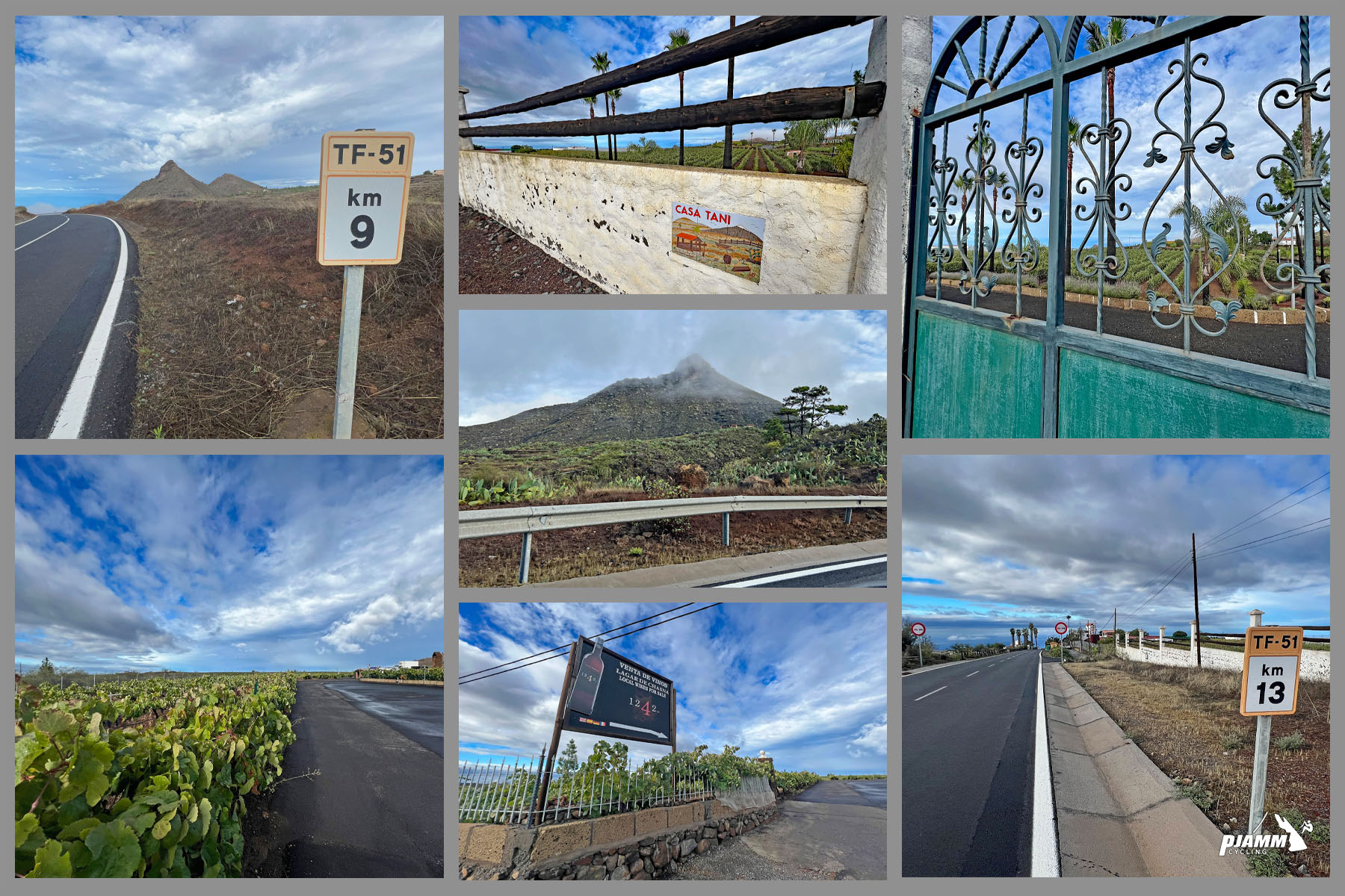 photo collage shows kilometer markers, iron fences, views of Mt. Tiede's peak in distance