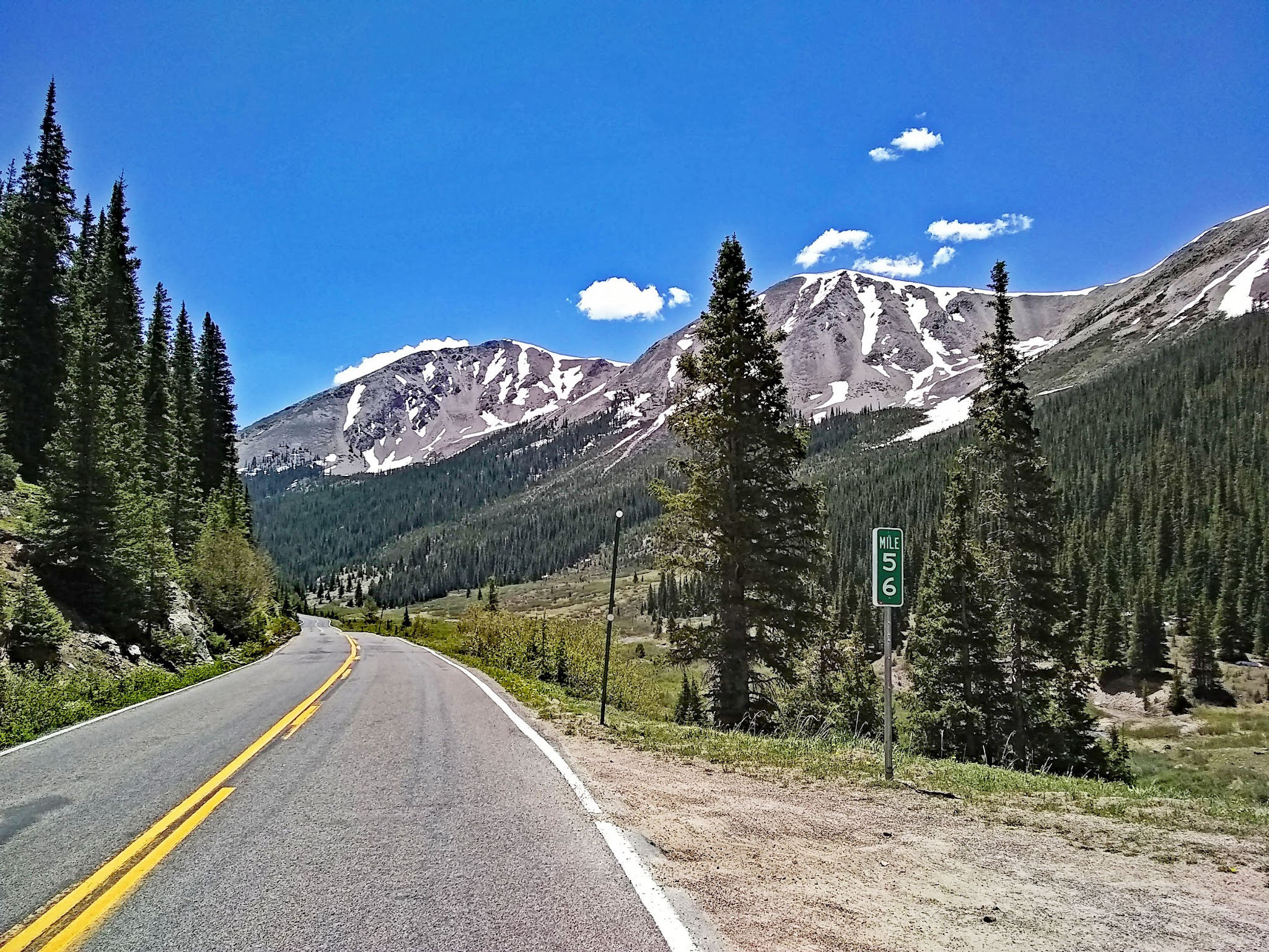 Cycling Independence Pass from Aspen, Colorado - stretch of two-lane roadway looking towards snow-capped mountains, roads lined with pine trees, mile marker 56