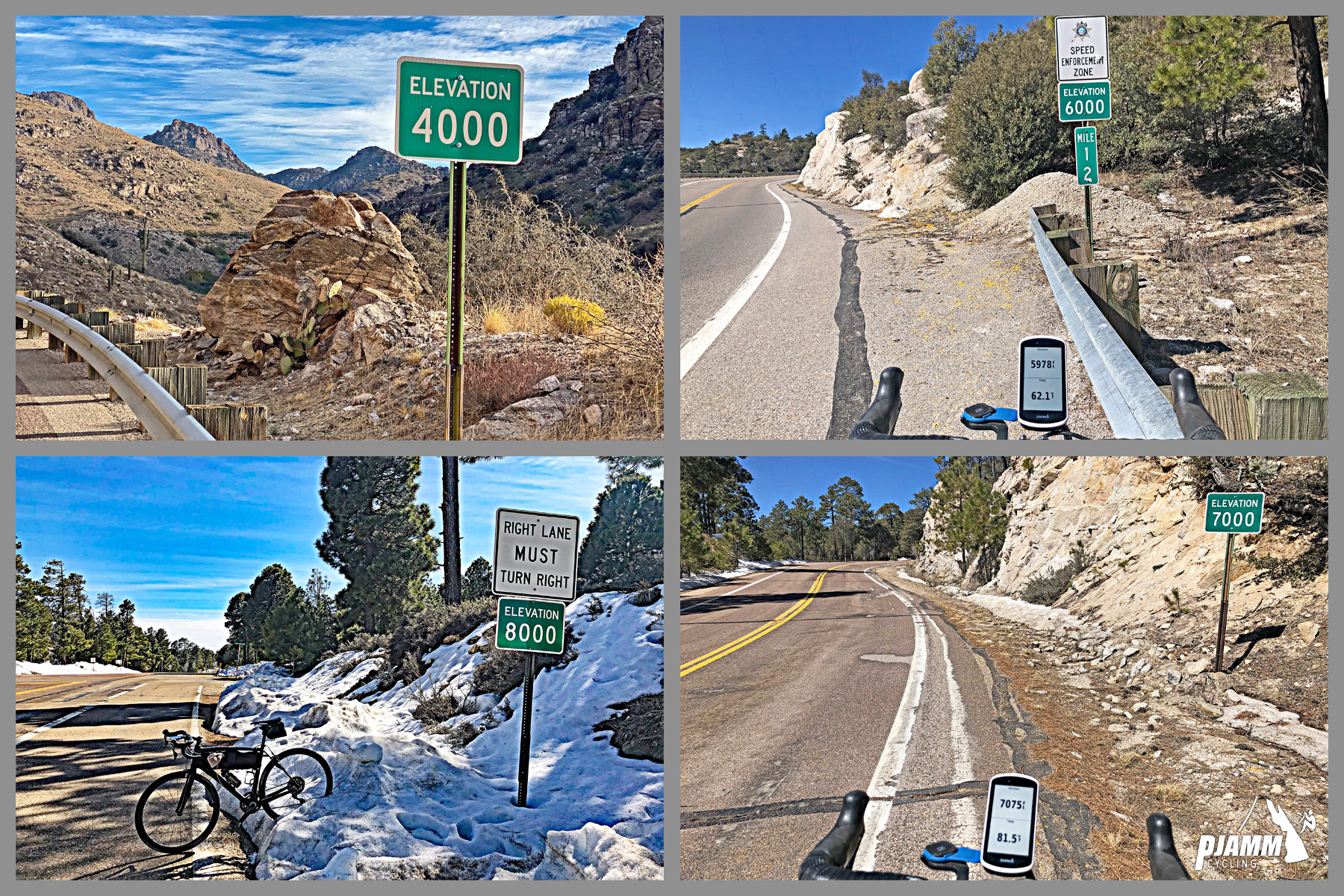 Cycling Mt. Lemmon, Arizona - photo collage,  elevation signs along route, desert landscape below, snow higher up, PJAMM Cycling logo in corner