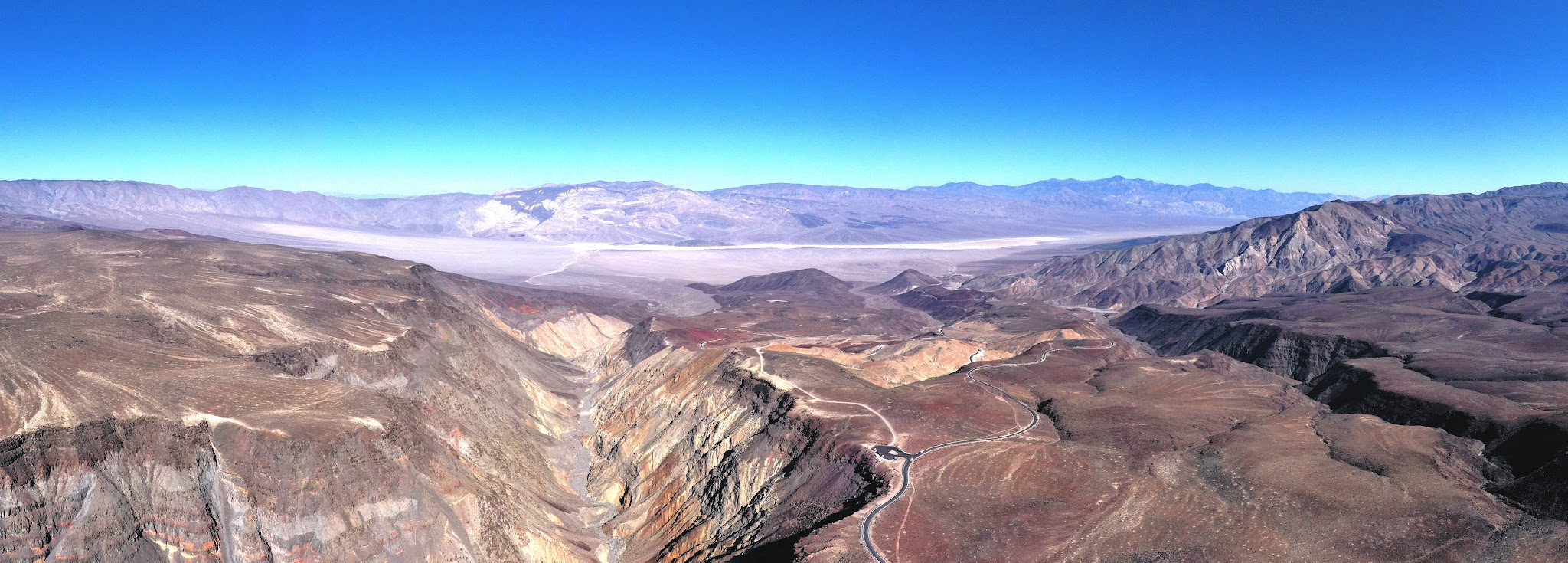 Cycling Panamint Grade - drone photo of father crowley overlook and colorful mountains