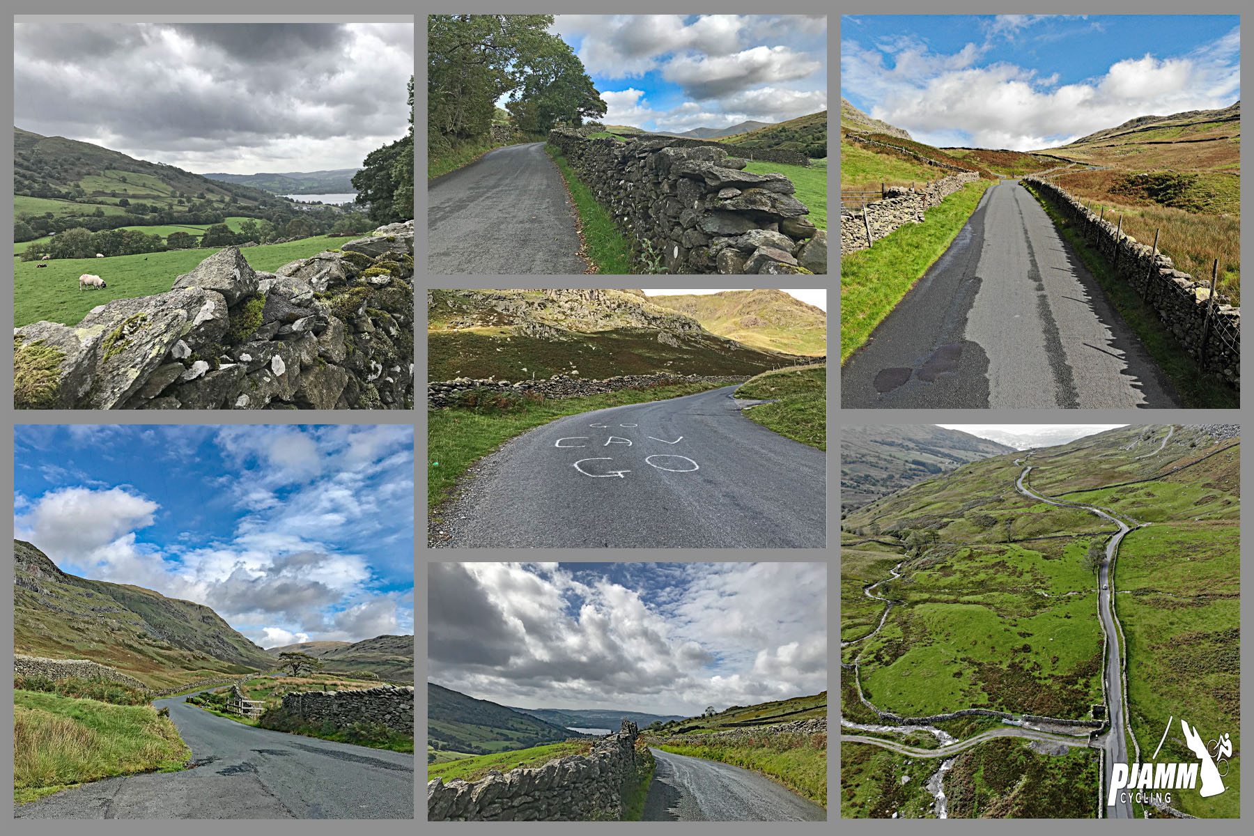 Cycling Kirkstone from Ambleside (The Struggle) - stone fences along roadside with pastureland and sheep grazing, stretches of one lane road, aerial view of countryside pastureland and road, PJAMM Cycling logo in corner