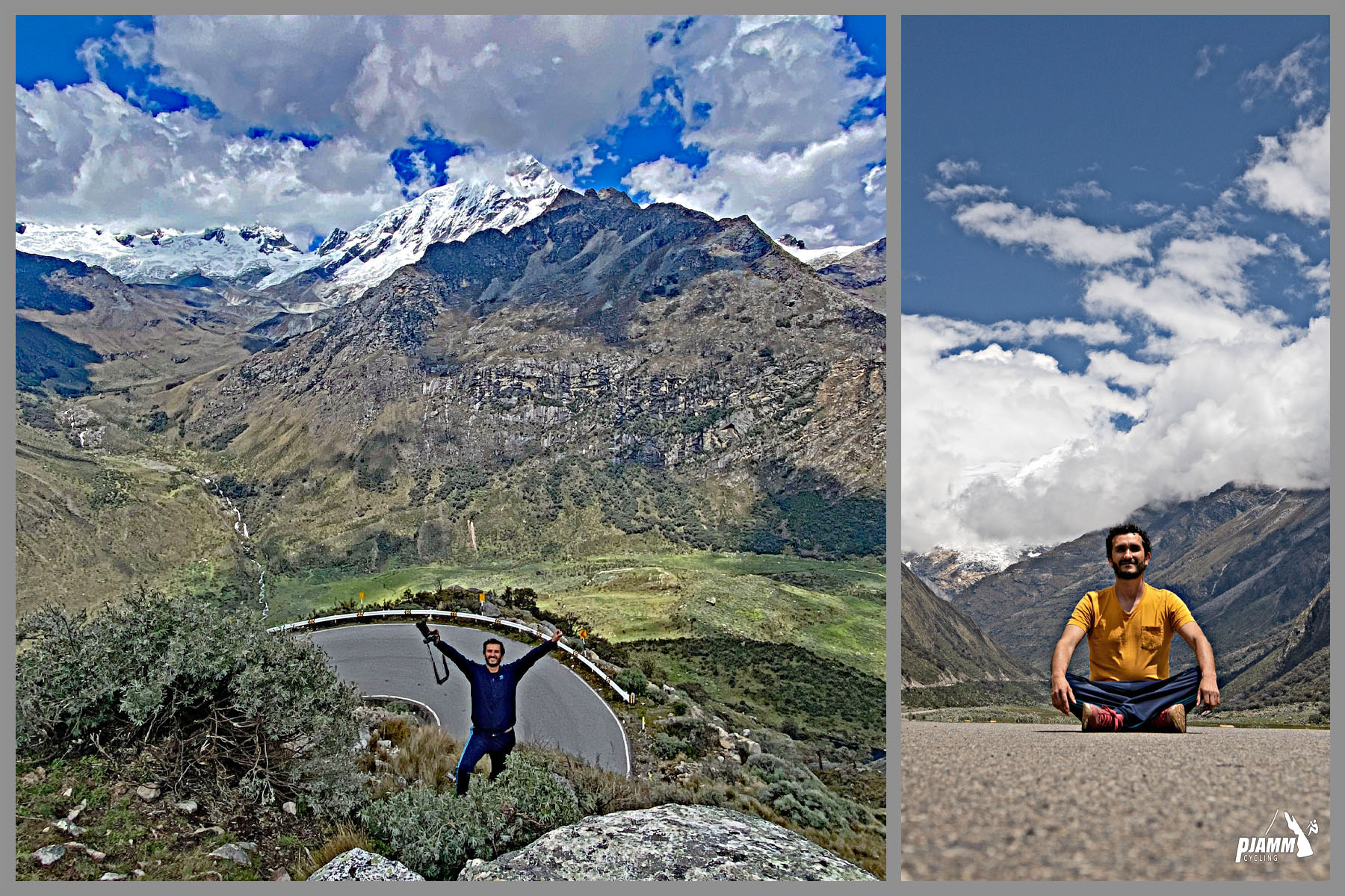 two photos of PJAMM photographer, Javier Chacon, standing and smiling with camera in front of hairpin turn, and sitting in zen pose in roadway, mountains behind him in both photos