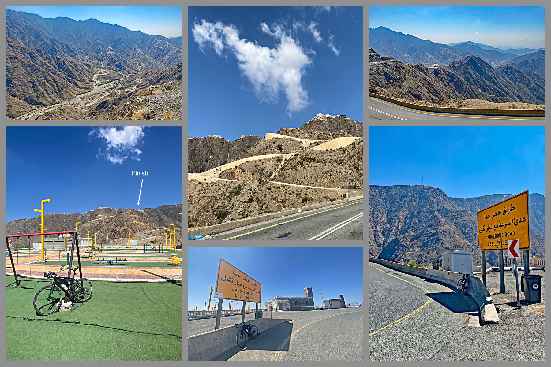Cycling Mount Souda, Saudi Arabia - photo collage, bike parked at park/field area, finish can be seen high in the mountains above, road signs along the climb
