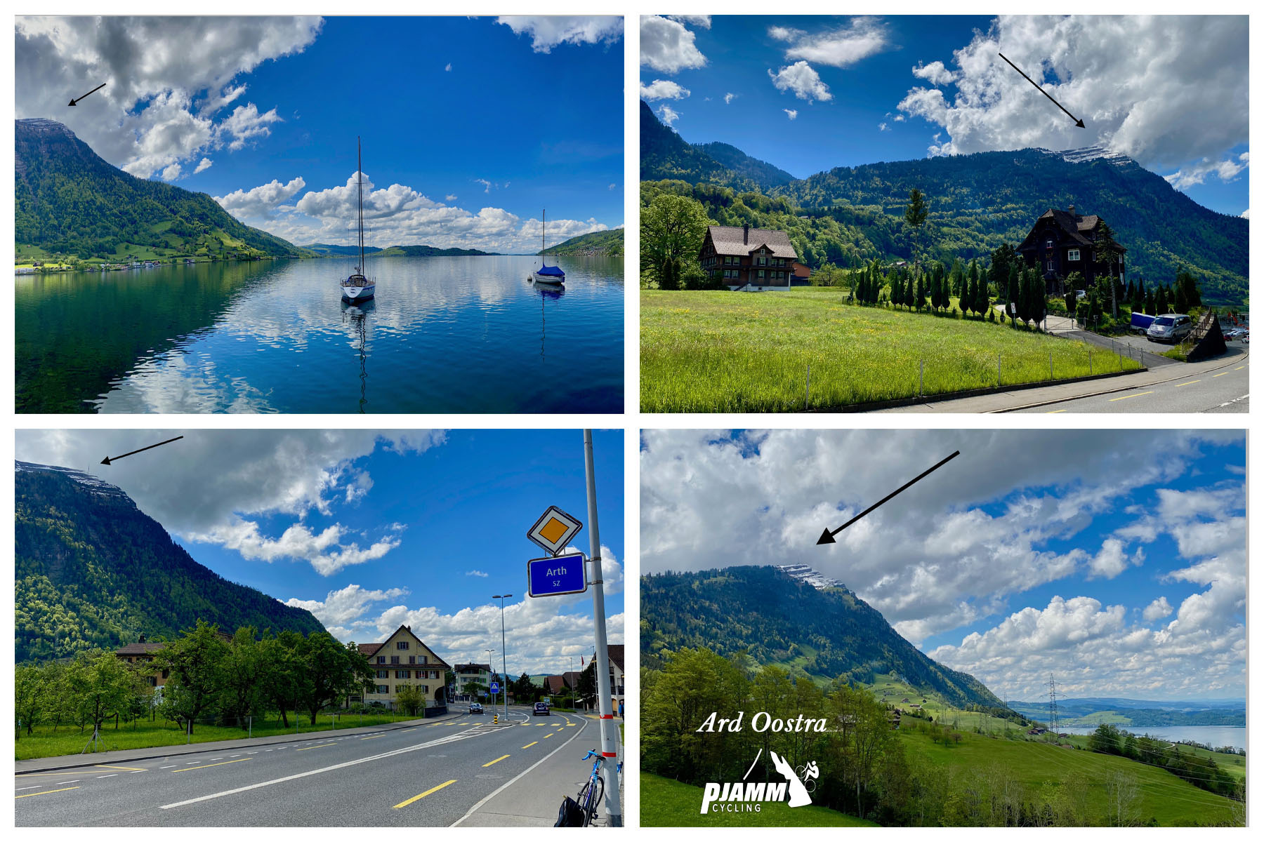 Cycling Mount Rigi, Switzerland - sailboats on crystal clear lake, clouds and Mt. Rigi in distance (also reflected in the water), Mt. Rigi from the roadside, green hillsides with Mt. Rigi in the background, PJAMM Cycling logo in corner