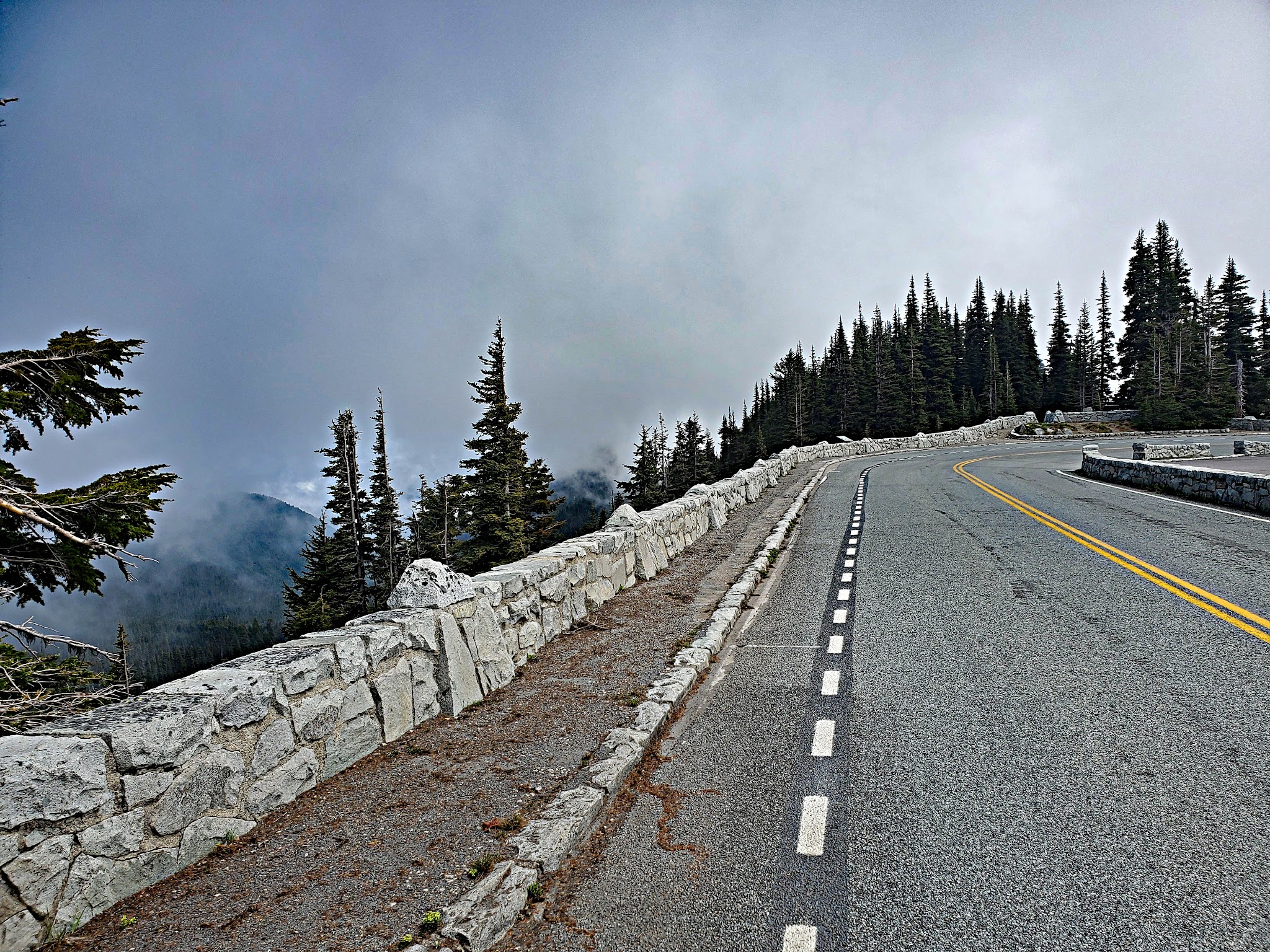 Cycling Mt. Rainier, Sunrise VC, Washington - roadway and low stone retaining wall at Sunrise Point, fog covering views north and south, evergreen trees along hillside