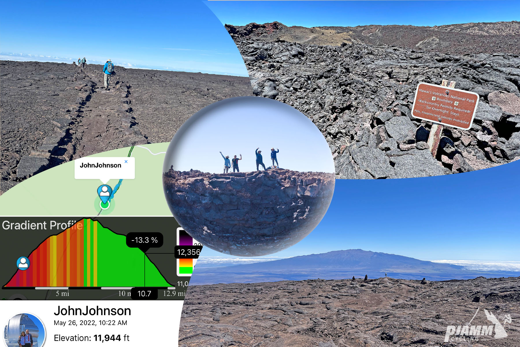 photo collage shows PJAMM cyclists hiking on Mauna Loa, desolate volcanic ash landscape, PJAMM Cycling's route gradient tool, hikers stand atop cliff side waving.
