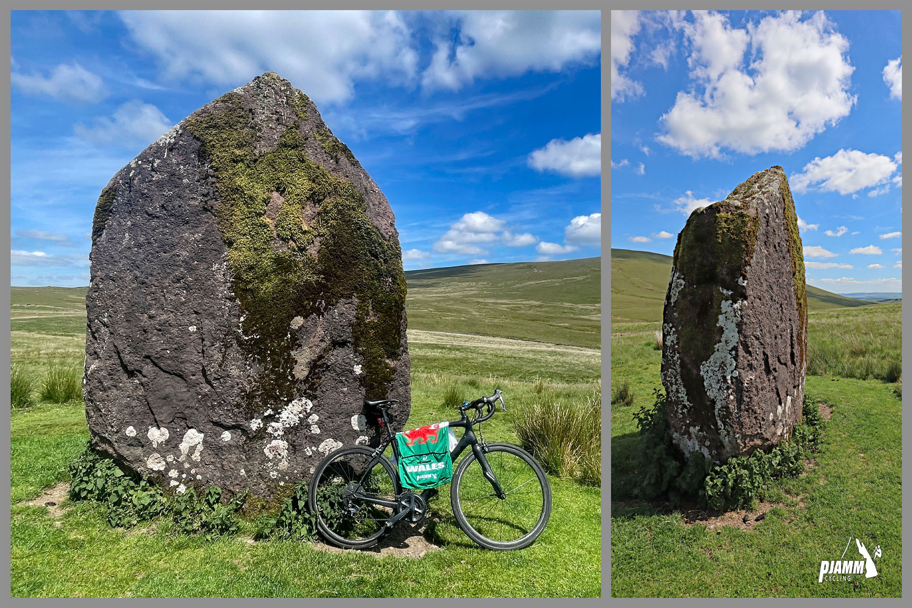 bike parked against huge, 4,000-year-old stone just passed climb finish, placed by early humans; Maen Llia