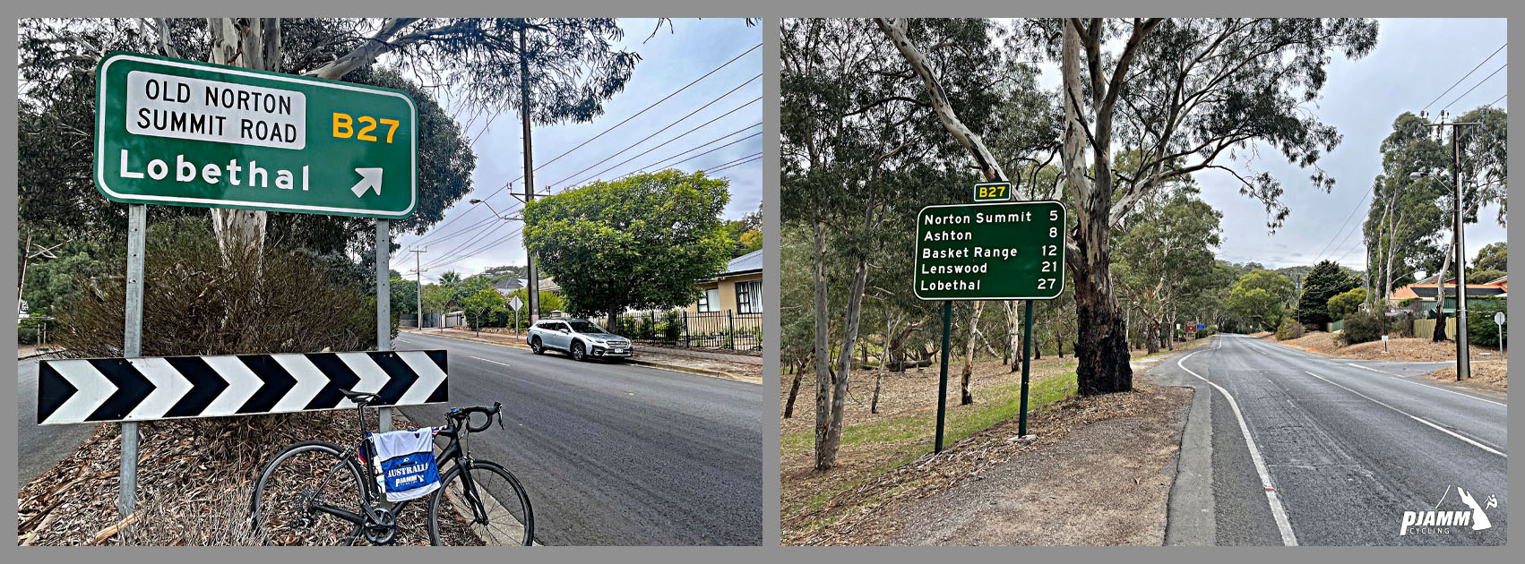 bike parked at climb's start in front of sign for Old Norton Summit Road, B27, Lobethal