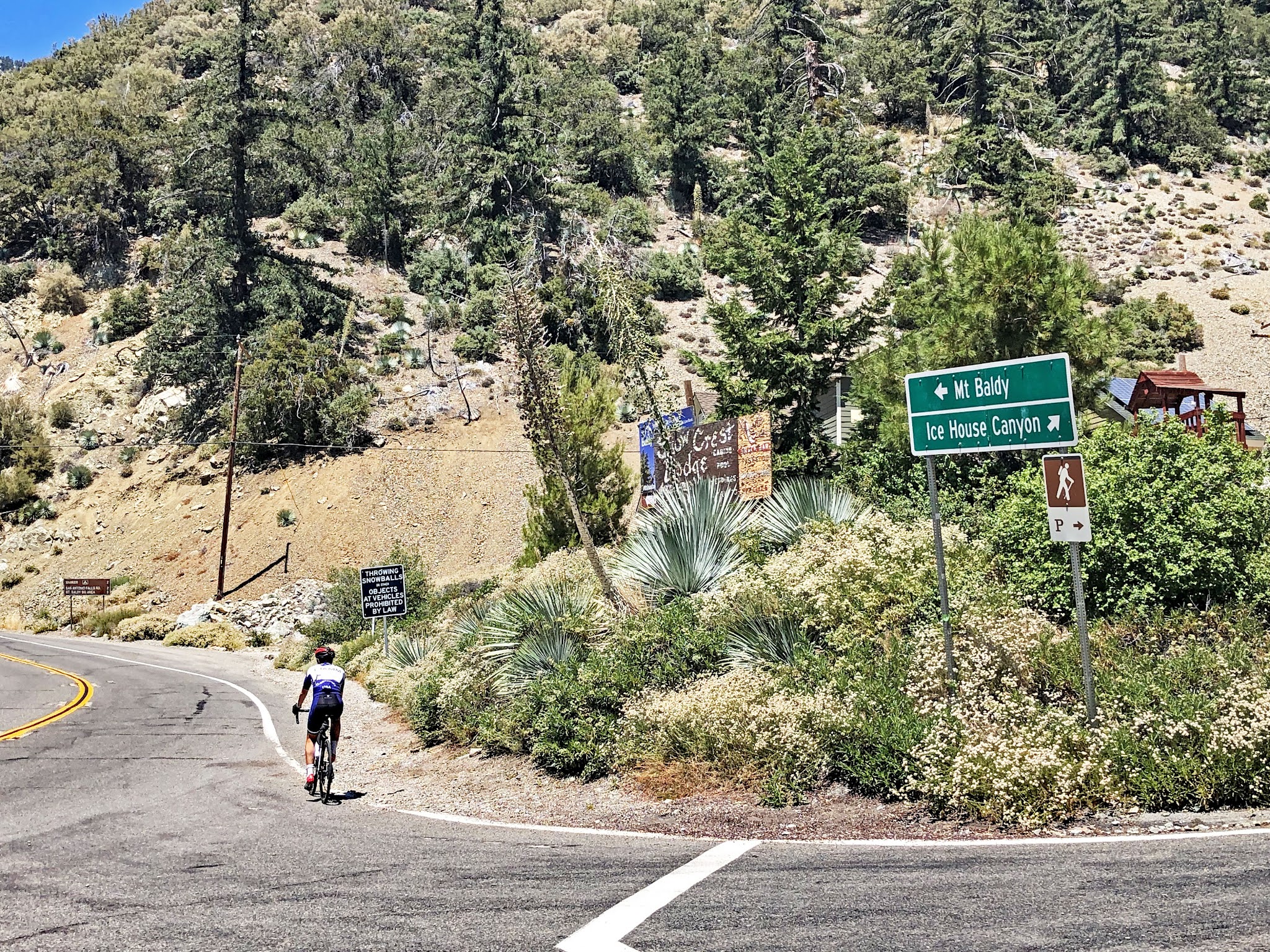 Cyclist rides on road past sign for Mt Baldy (left) and Ice House Canyon (right)