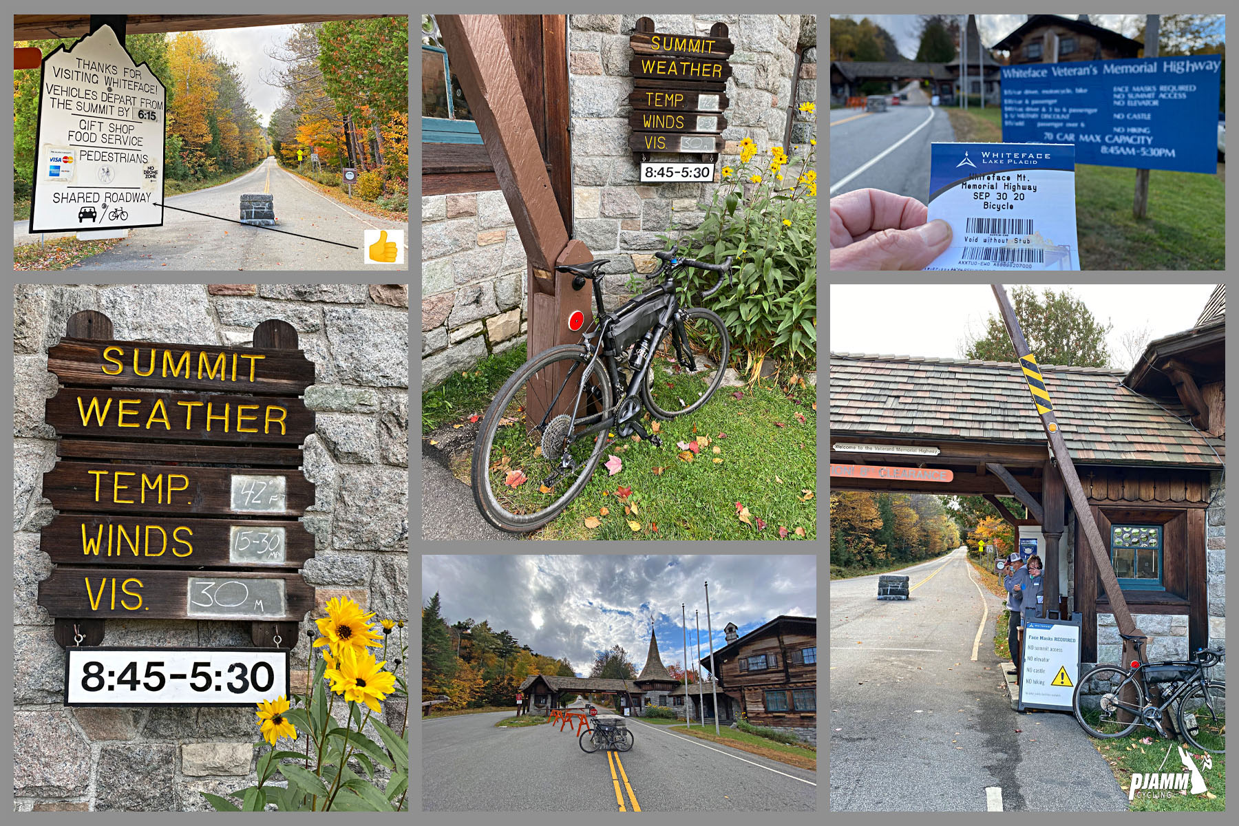 Cycling Whiteface Mountain - photo collage, bike parked against sign with information on Summit Weather (temperature, winds, visibility), toll booth, ticket to enter, PJAMM Cycling logo in corner