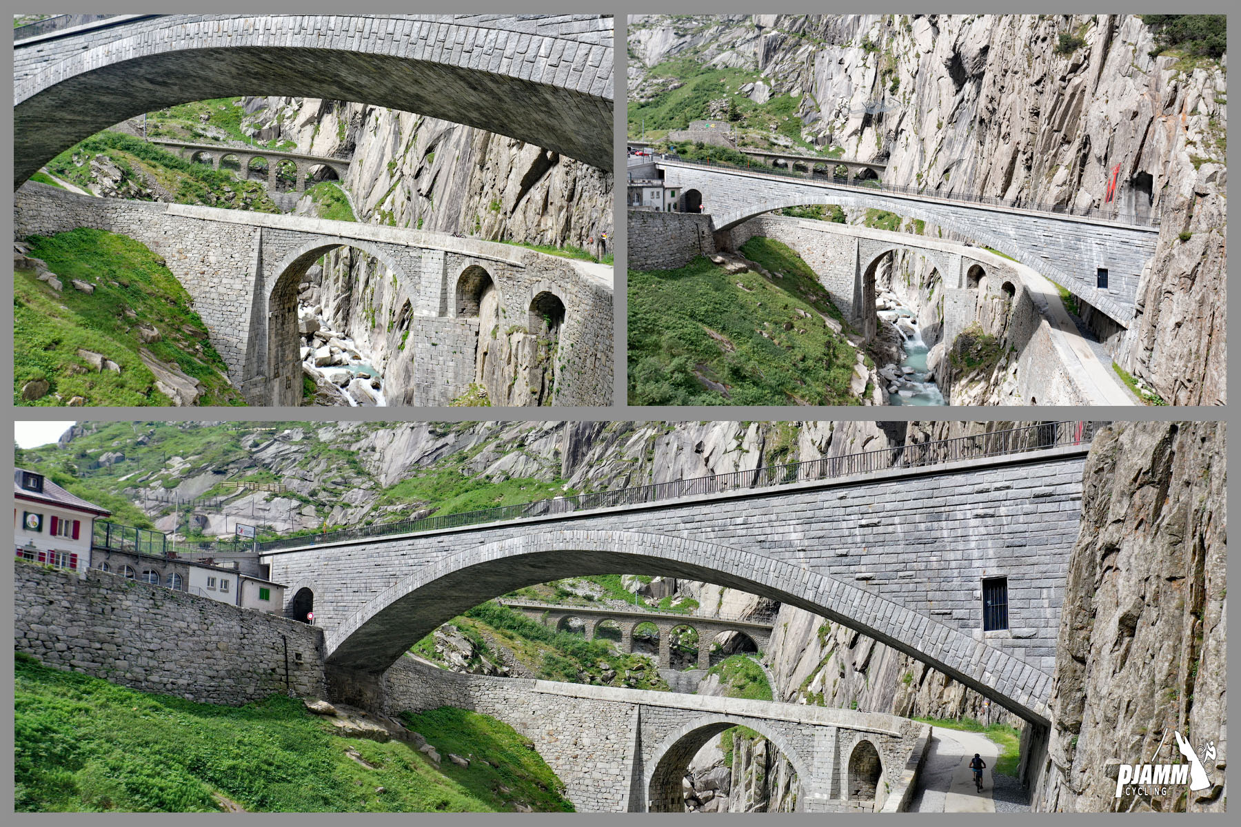 photo collage shows series of three stone bridges: Background bridge serves the Matterhorn Gotthard Railway; middle bridge is walking-cycling;
Foreground bridge is for vehicles