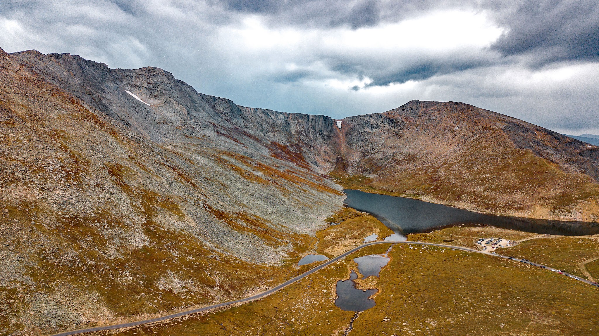 Cycling Mt. Evans - aerial drone photo of Summit Lake