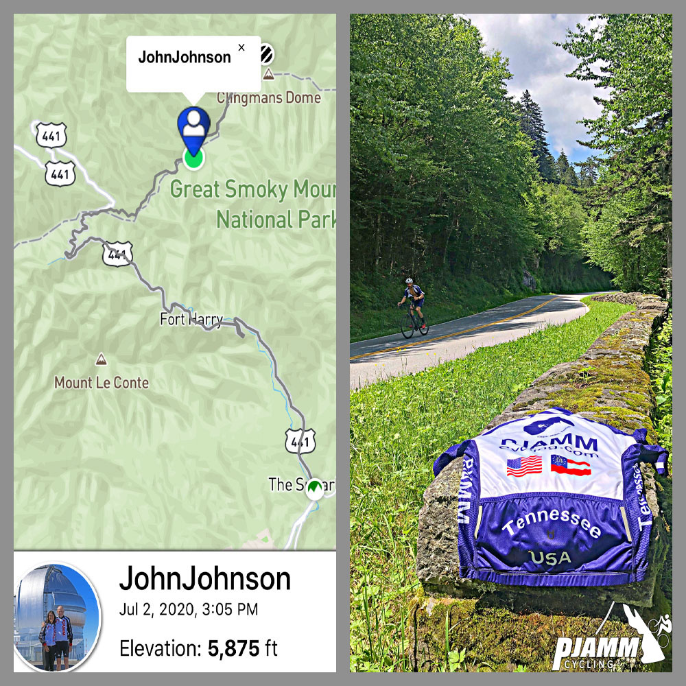 Cycling Clingmans Dome, Tennessee - climb map, PJAMM Cycling jersey draped over rock about two miles from top of climb