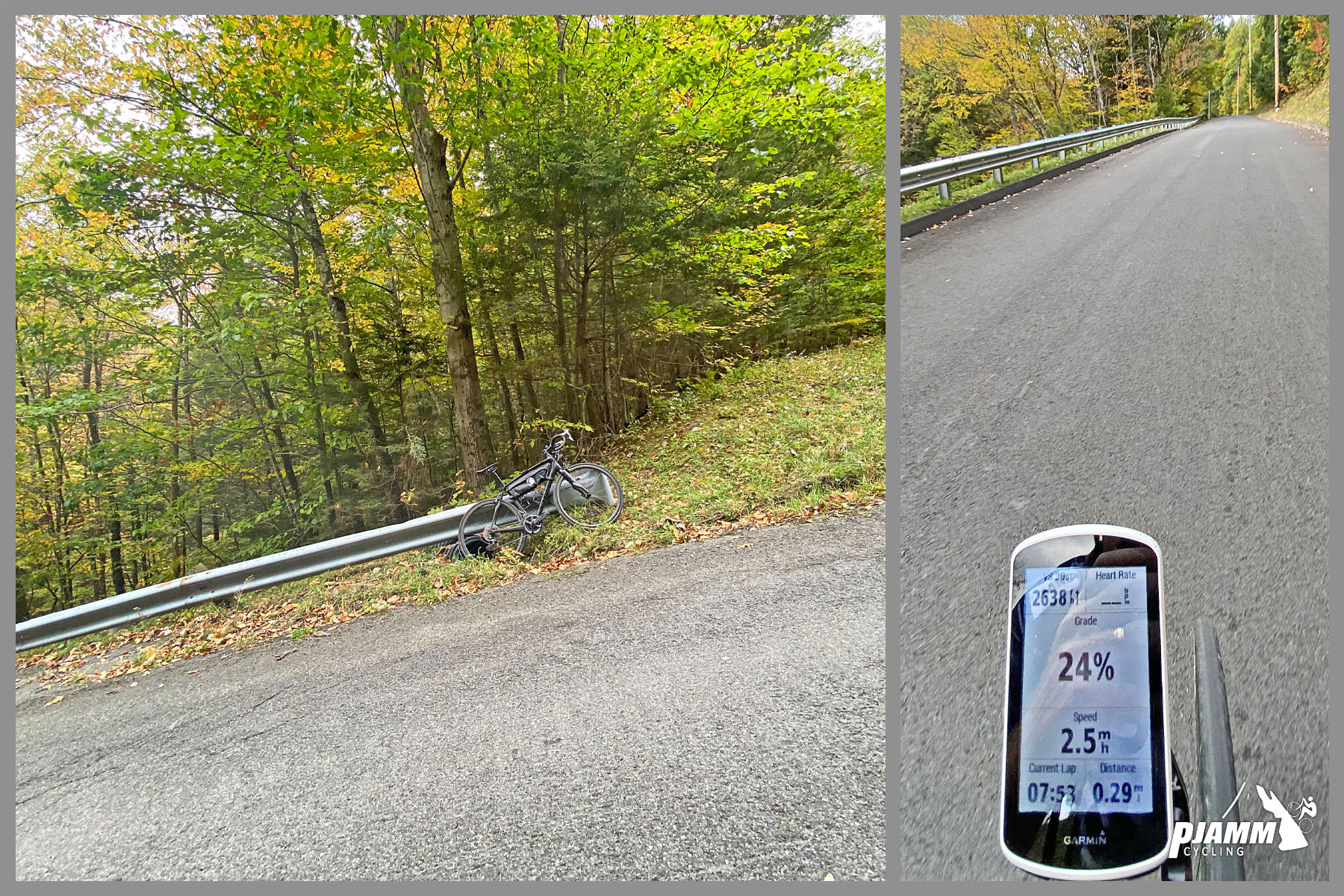 Bike parked against guardrail on very steep segment of roadway