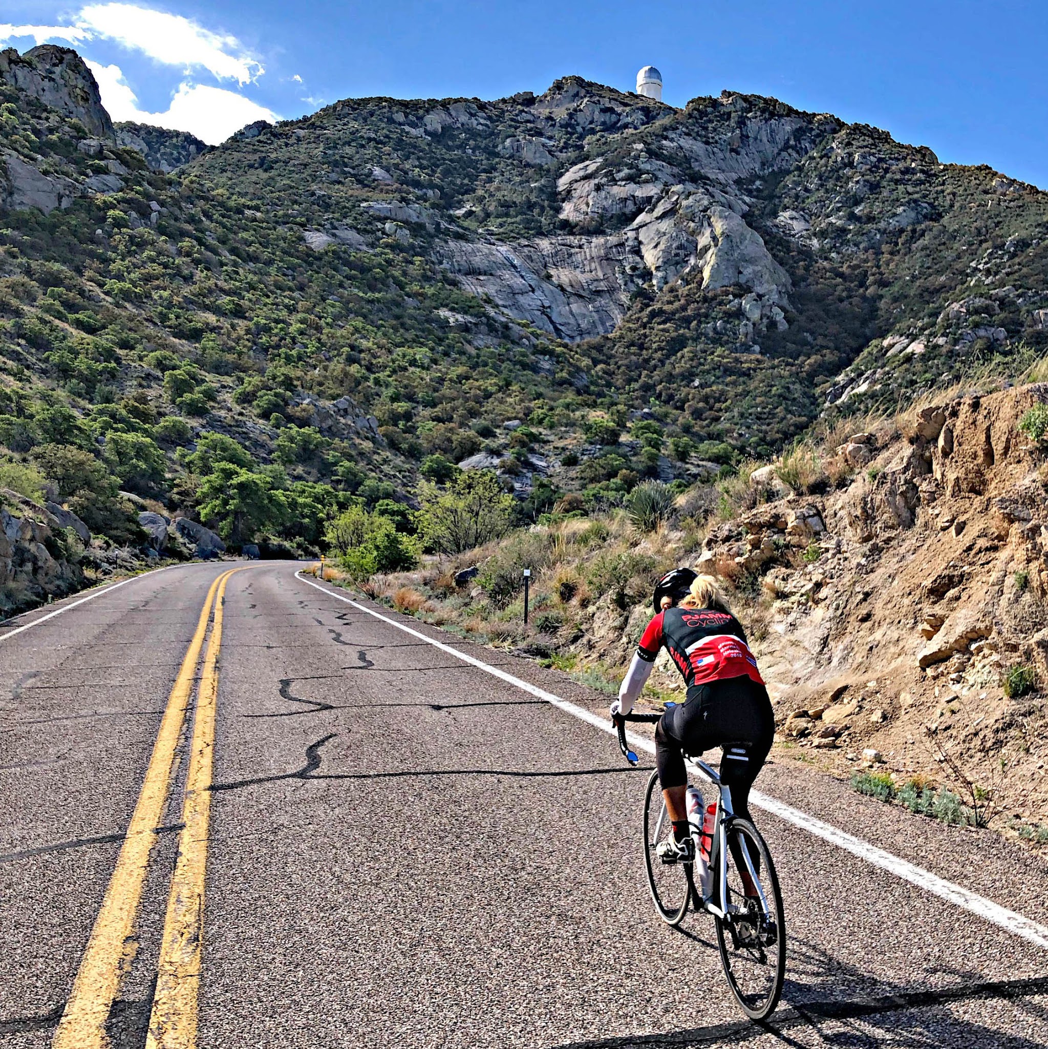 Climbing Kitt Peak by bike - cyclist on road with Sonoran Desert in background