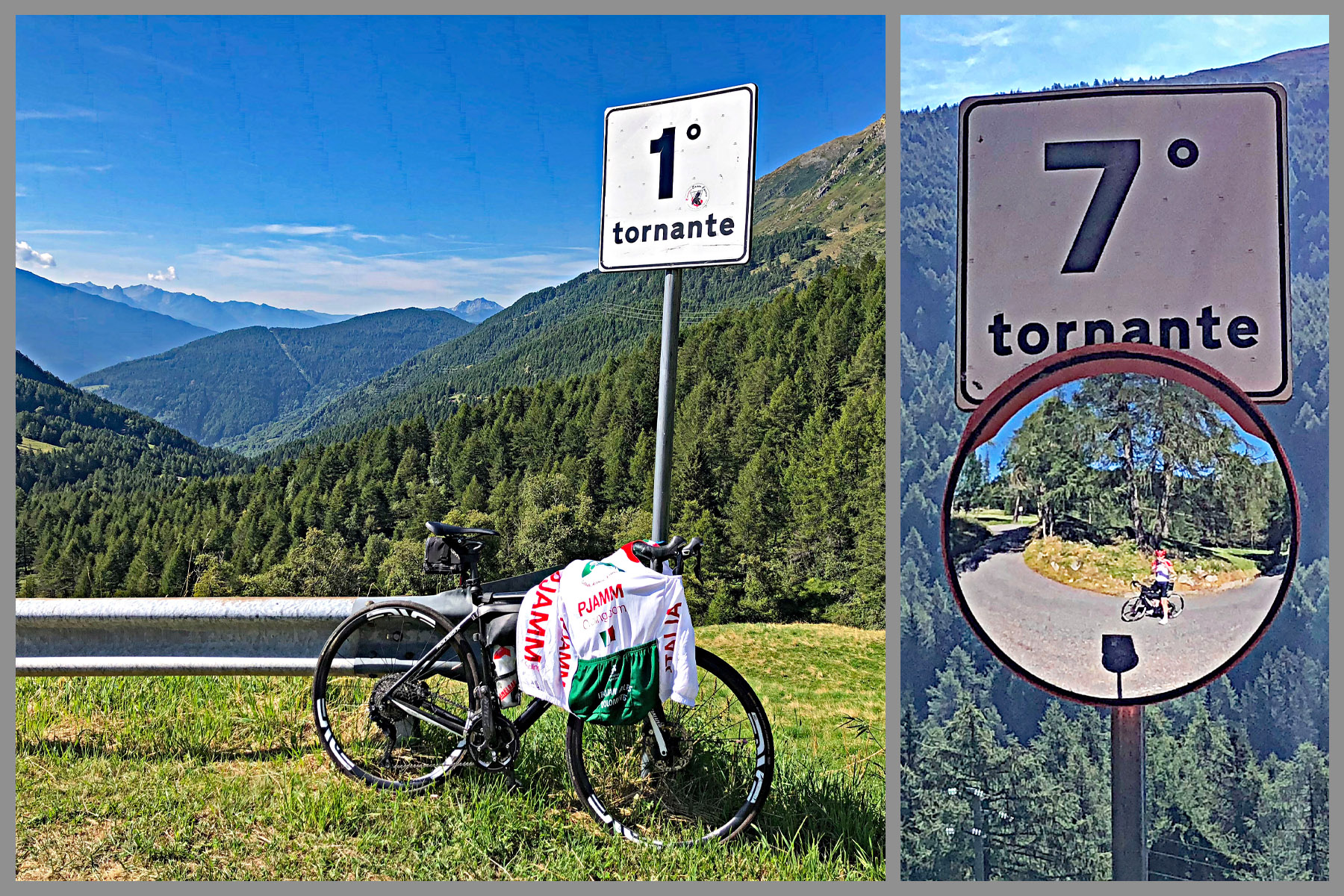 Cycling Passo Mortirolo from Edolo sign for 7 degree hairpin turn, Tornante, on climb