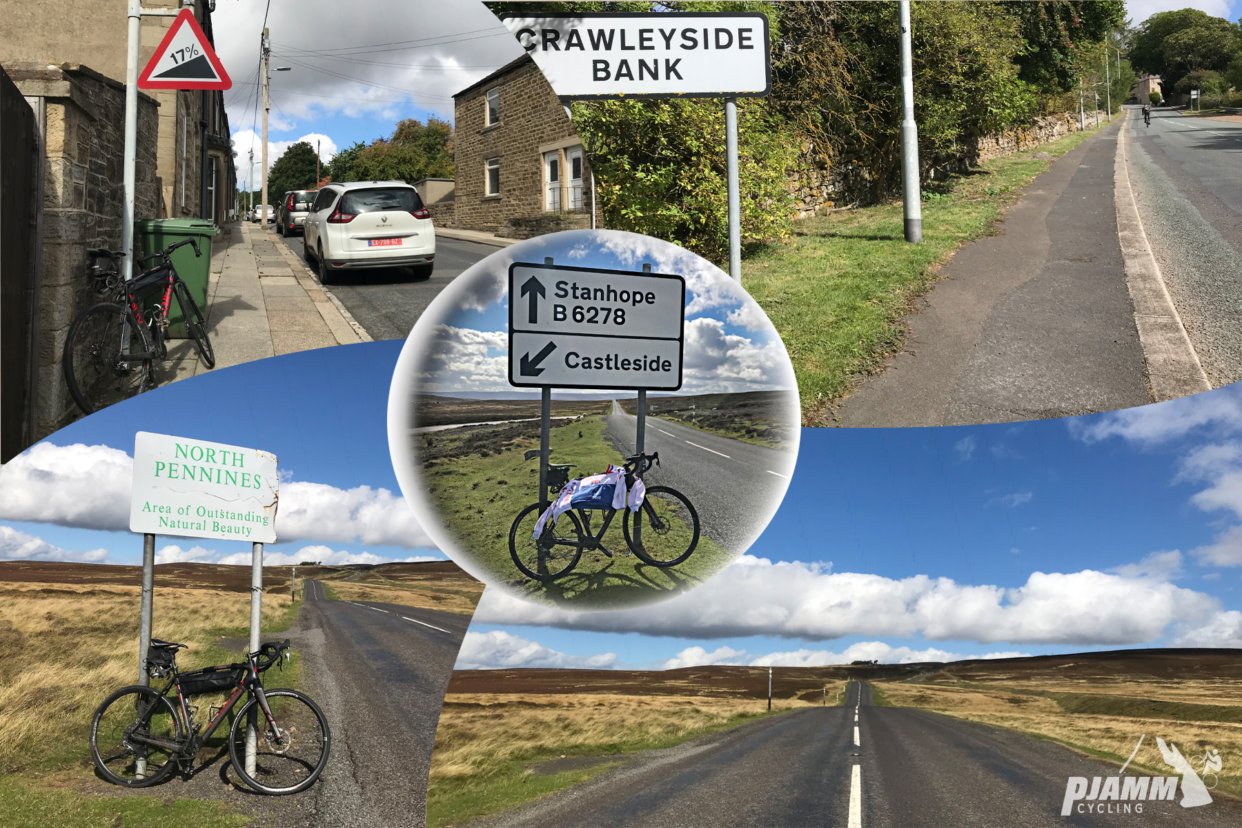 Cycling Crawleyside - photo collage, bike leaning against road sign for 17% grade, road sign for Crawleyside bank, green grass along roadside, bike leaning against road sign for North Pennines Area of Outstanding Natural Beauty, blue skies and white fluffy clouds, soft grass along roadside, bike leaning against road sign for Stanhope and Castleside