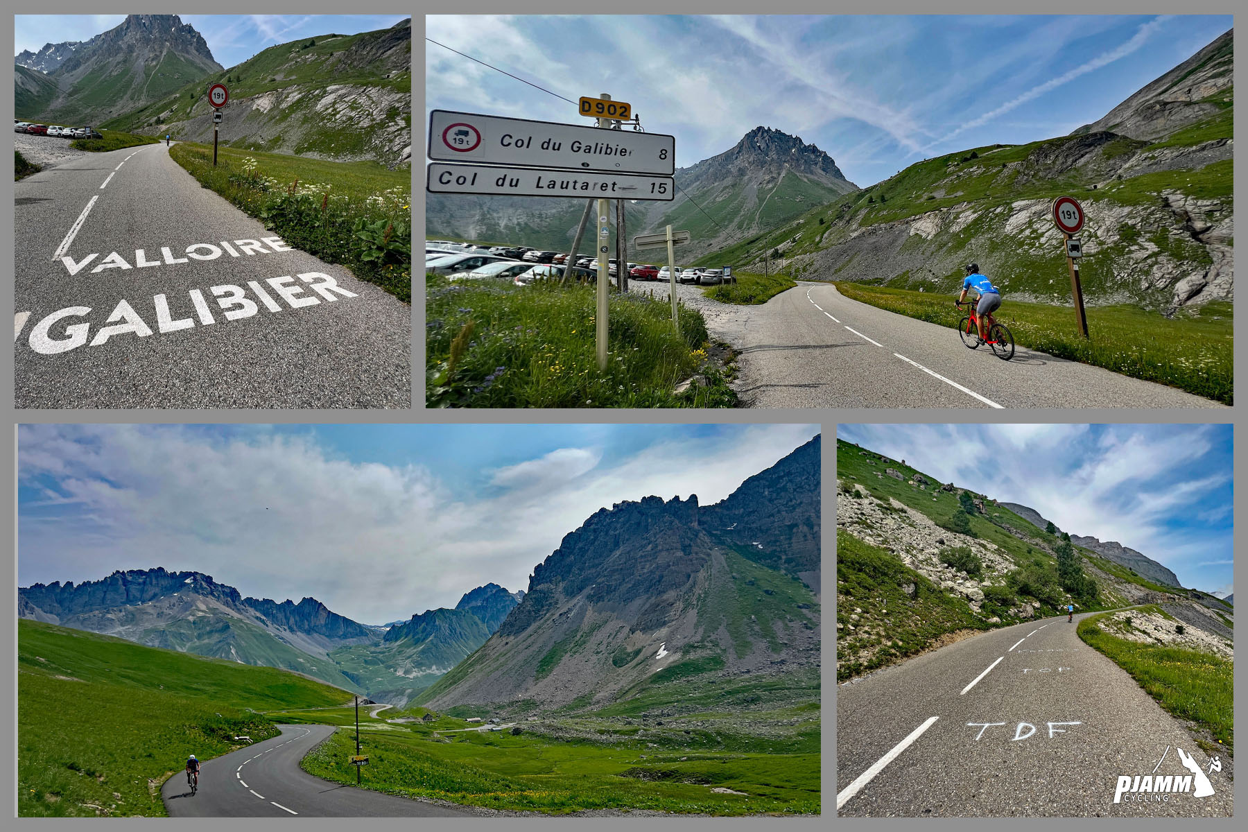 Cycling Col du Galibier & Telegraphe: photo collage shows road conditions, street signs, and greenery and mountain views on middle third of the climb; roadway spray painted with "TDF"