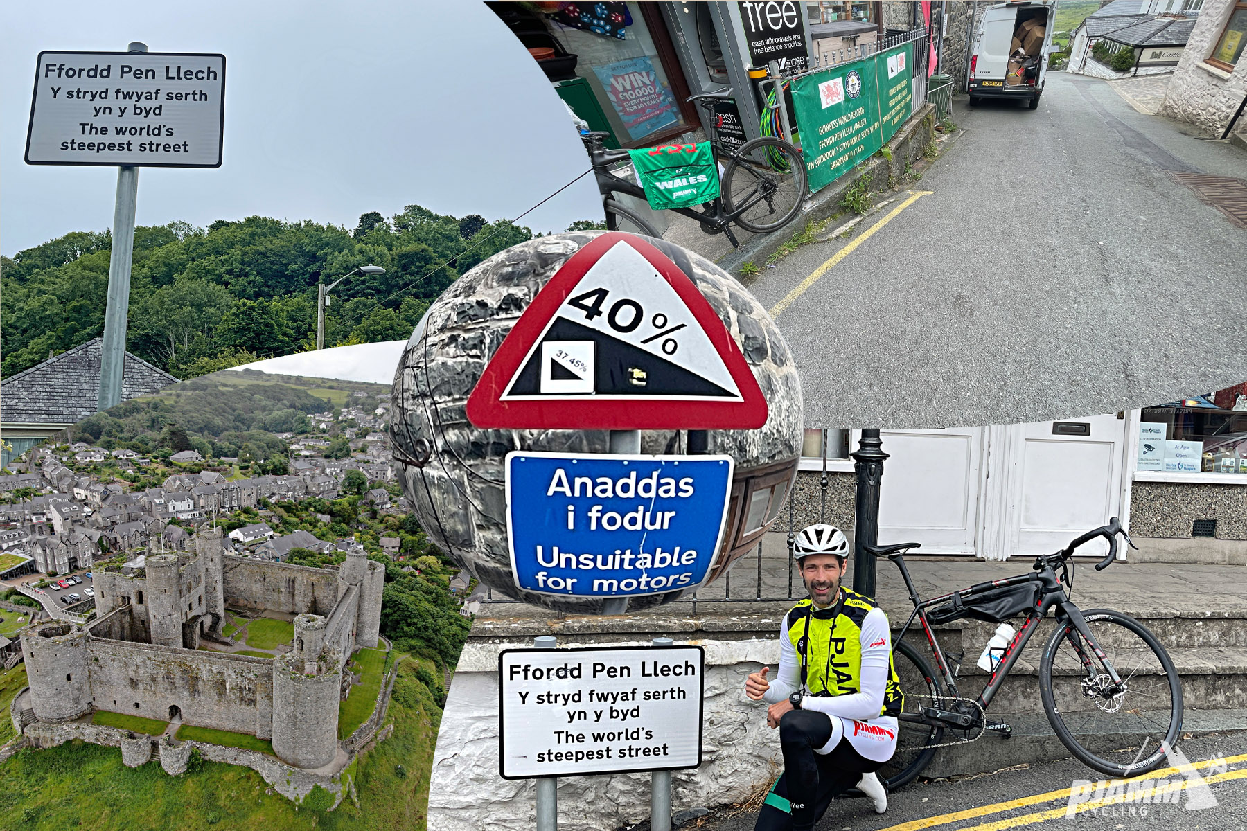 photo collage shows road signs, including one for 40% grade