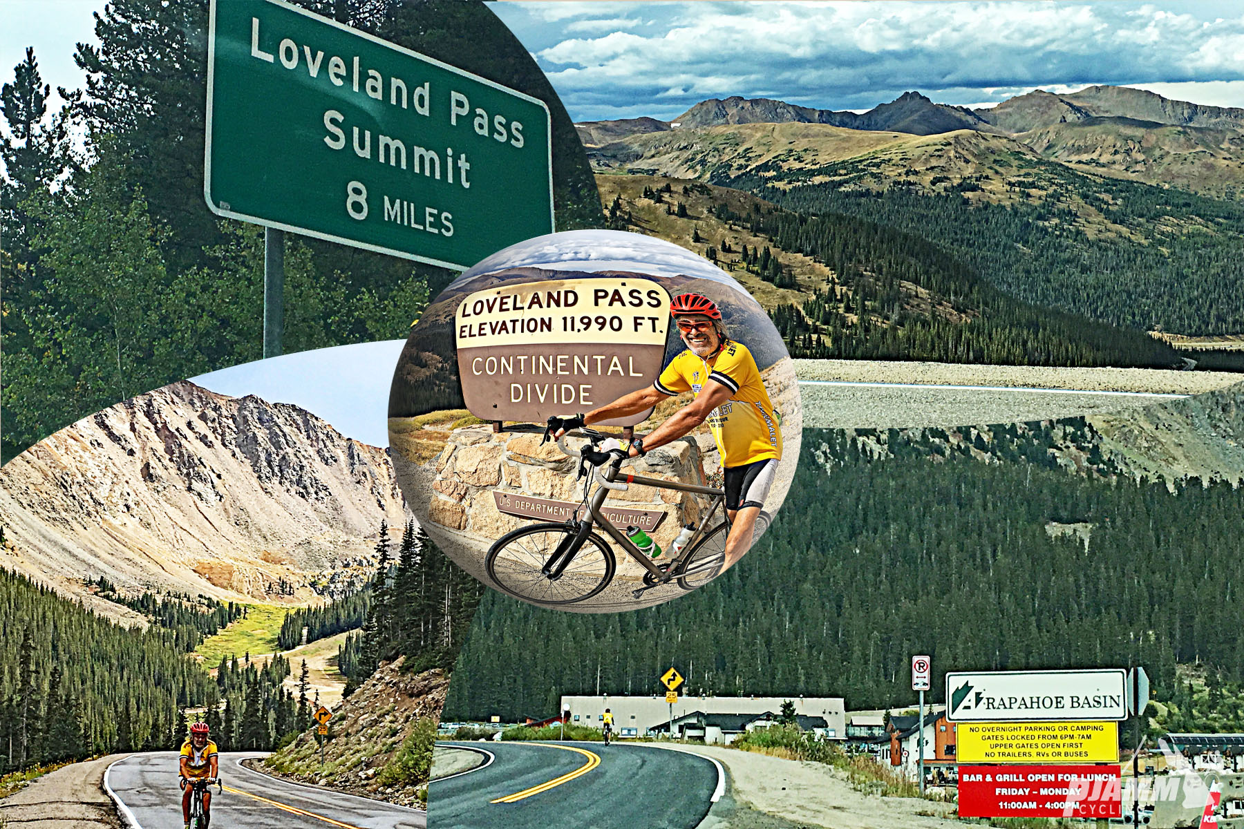 Cycling Loveland Pass South - photo collage, PJAMM Cycling logo in corner, road sign for Loveland Pass Summit, cyclist on bike in front of Loveland Pass Continental Divide sign, cyclist climbing on roadway