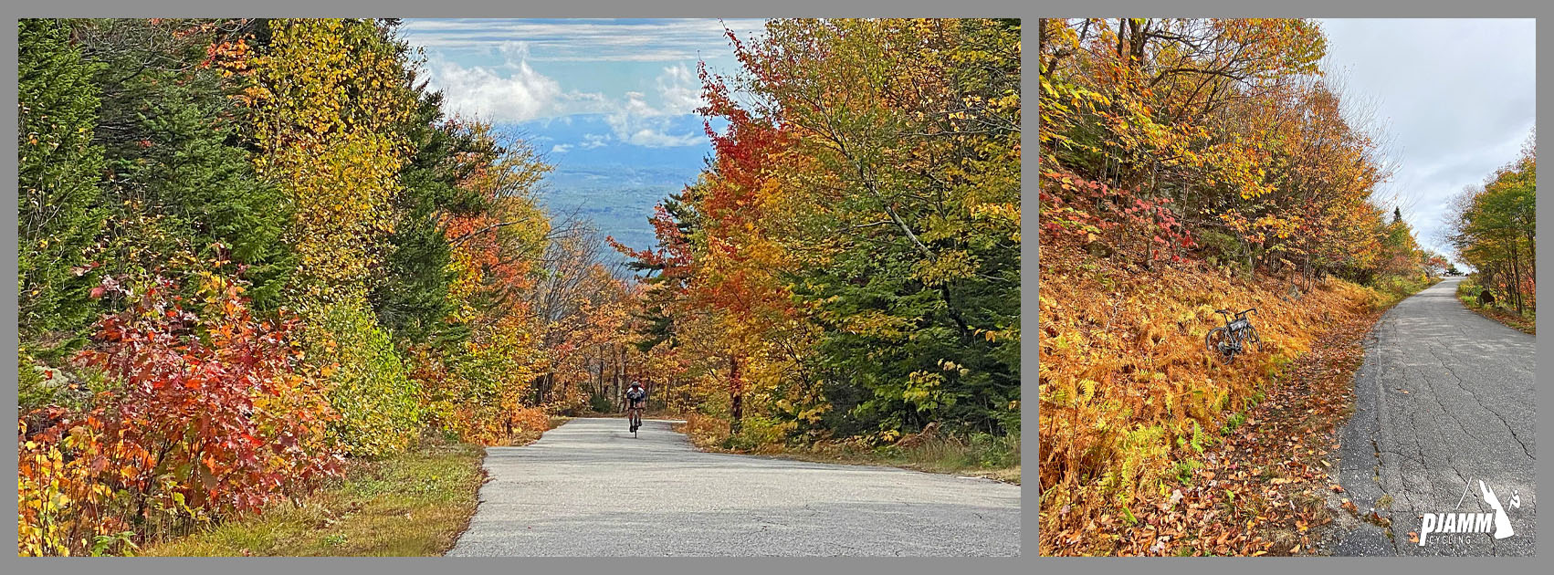 Cycling Kearsarge Mountain Road, New Hampshire - bright red and yellow foliage along one-lane roadway in middle of climb