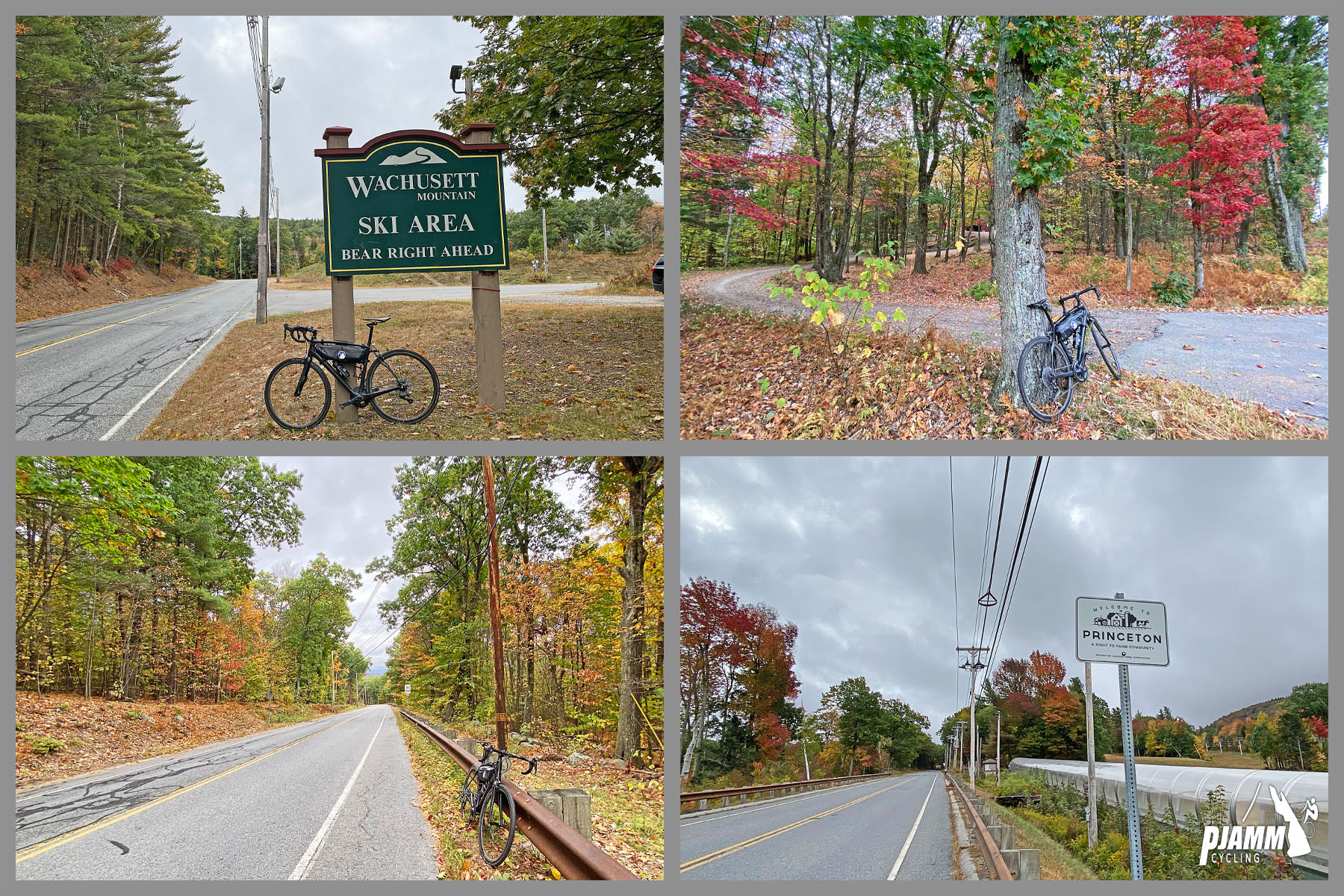 Cycling Wachusett Mountain North, Massachusetts  - bike parked next to sign for Wachusett Ski Area, views along the climb, PJAMM Cycling logo in corner