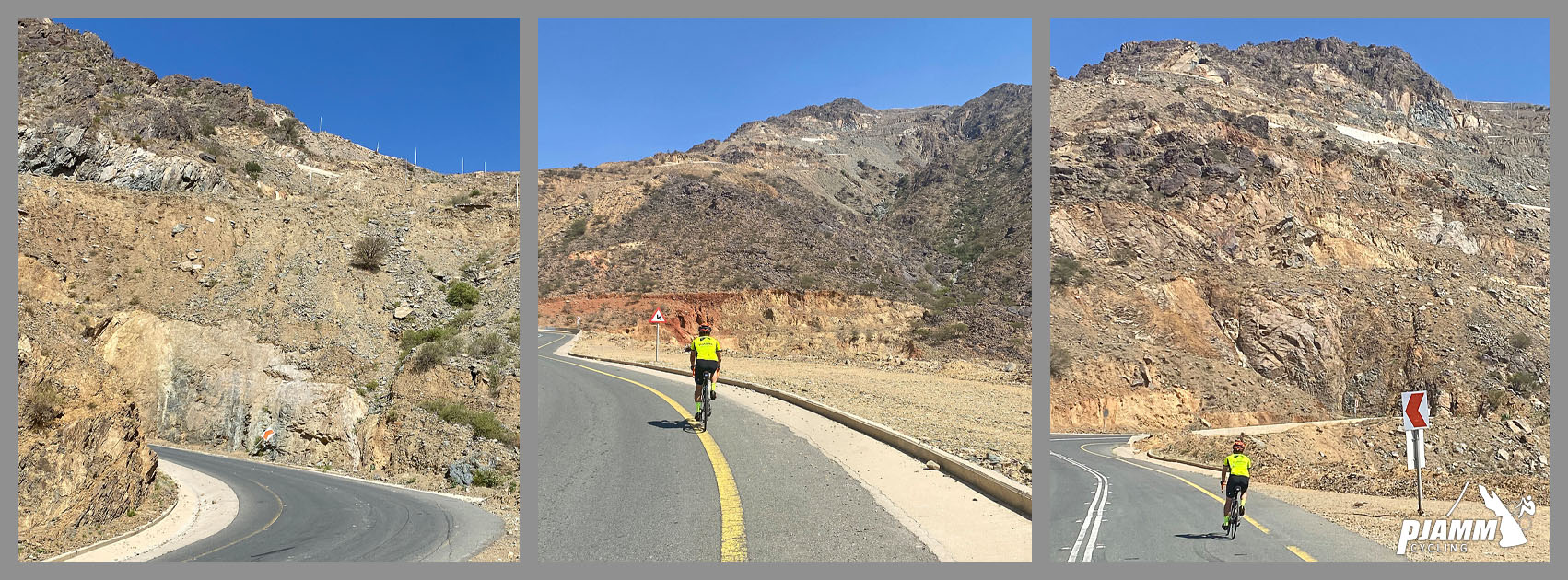 Cycling Bashout Pass, Saudi Arabia - photo collage, PJAMM Cyclist riding in roadway, high rock walls
