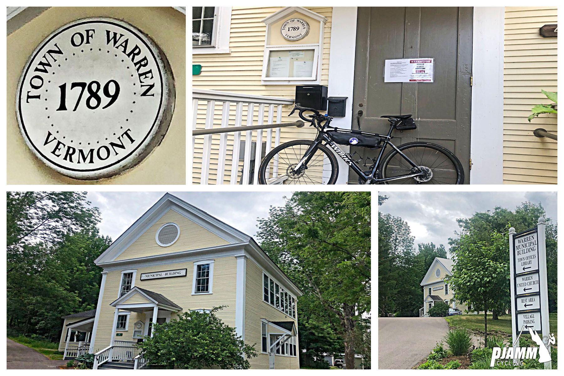 Cycling Lincoln Gap East - light yellow colonial era two story building with "Town of Warren, Vermont 1789" circular placard, bike leaning against front porch of building