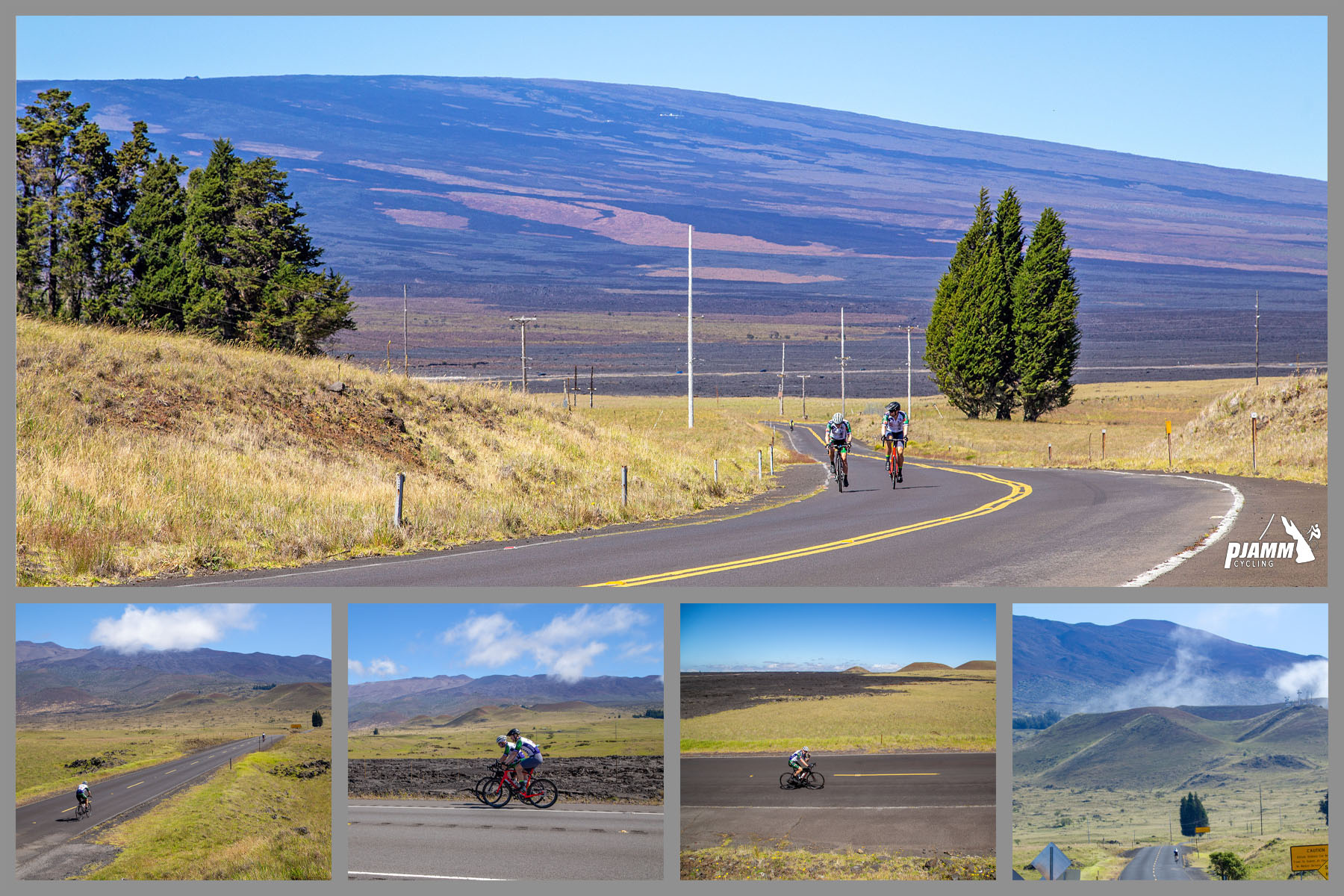 photo collage shows PJAMM Cyclists riding second segment of climb, Mauna Loa looms in the background
