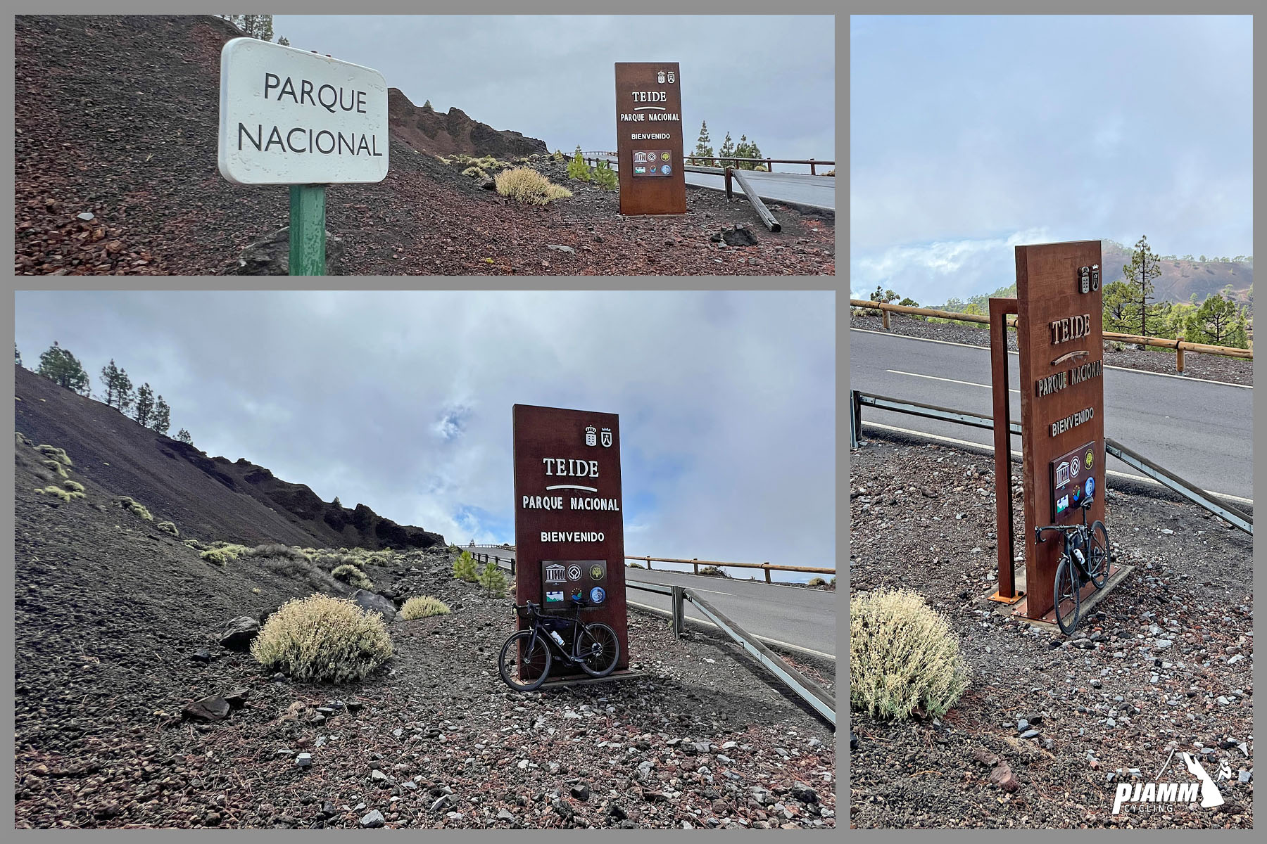 photo collage shows national park signs at kilometer 31.7, Teide Parque Nacional 