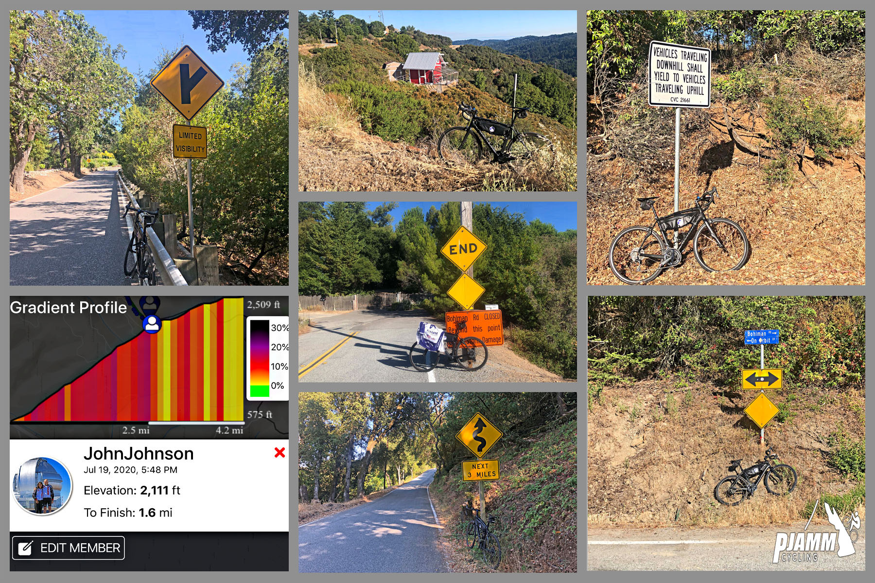 Cycling Bohlman Road, Saratoga, California - photo collage, PJAMM Cycling logo in corner, climb's gradient profile, bike parked against various road signs, bike parked in brush along roadside and hillside with red chicken coop in background
